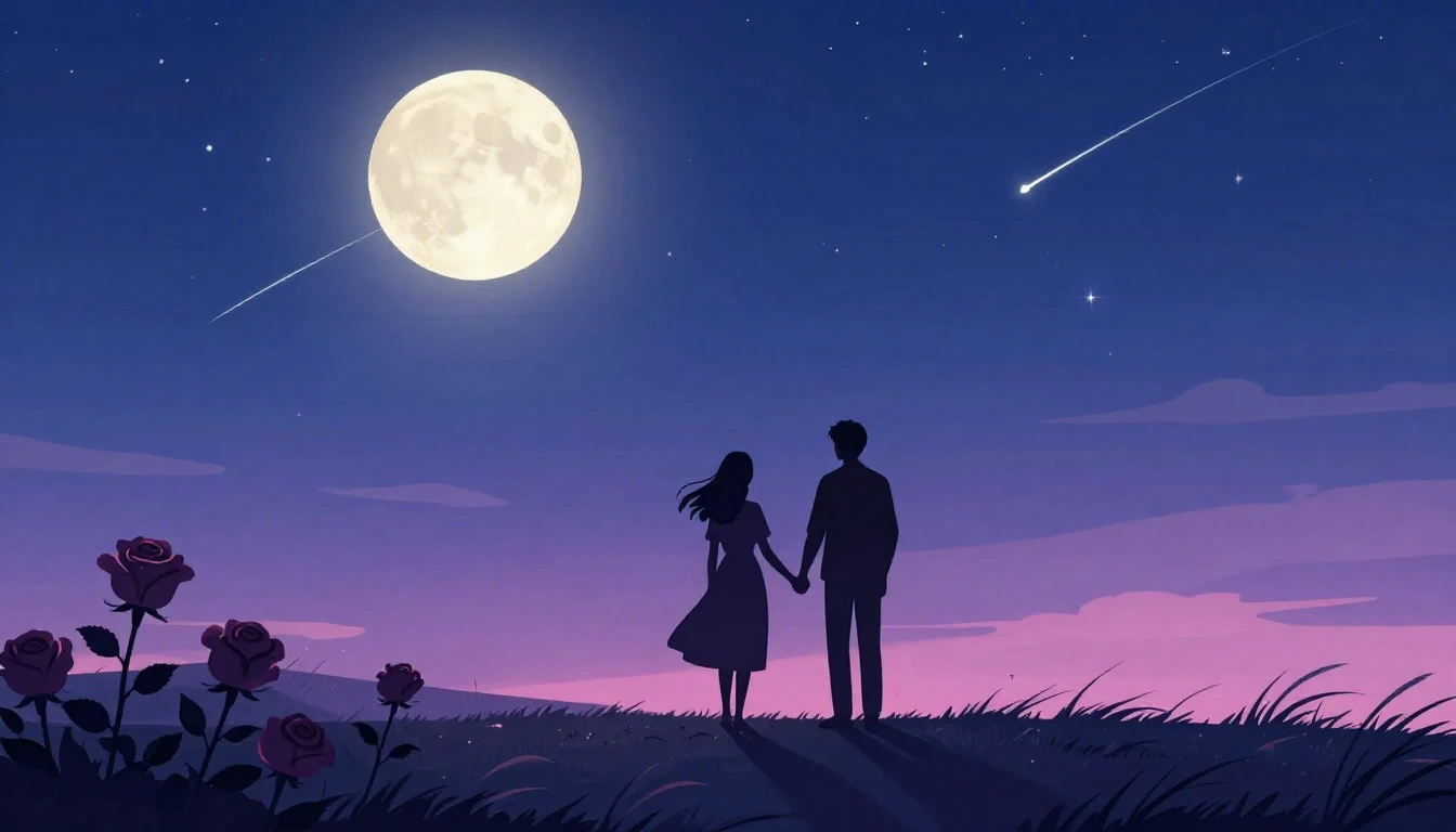 A romantic and dreamy illustration featuring two silhouetted...