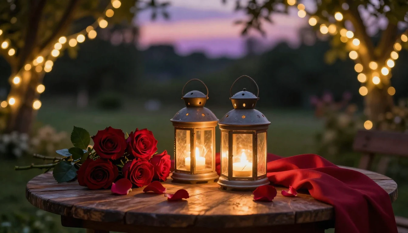 A serene and romantic evening scene. Two warm, glowing lante...