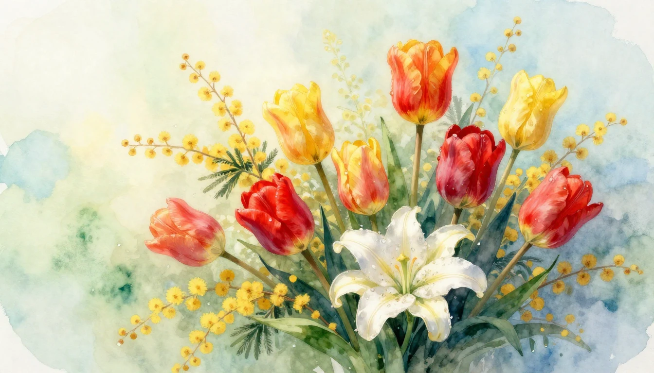 A delicate and vibrant watercolor painting of a lush spring ...