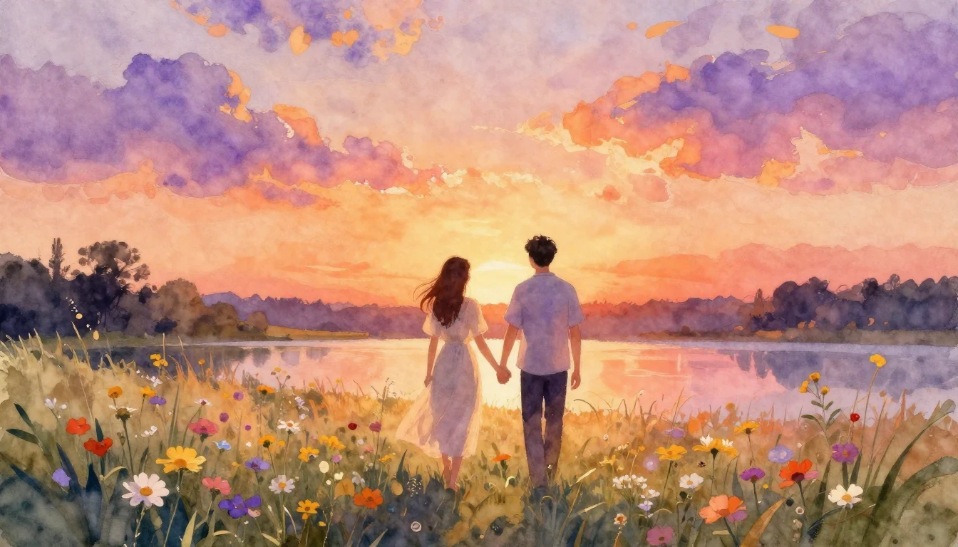 A romantic and soft watercolor painting of a couple walking ...