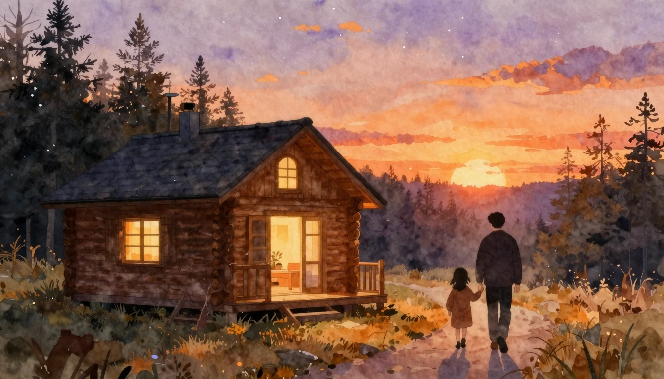 A cozy wooden cabin nestled in a serene autumn forest during...