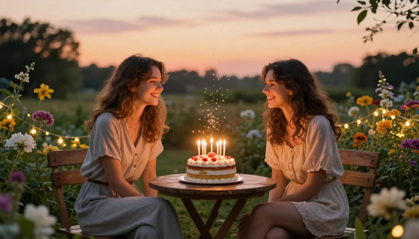 A warm and cozy outdoor scene during a golden sunset. Two be...