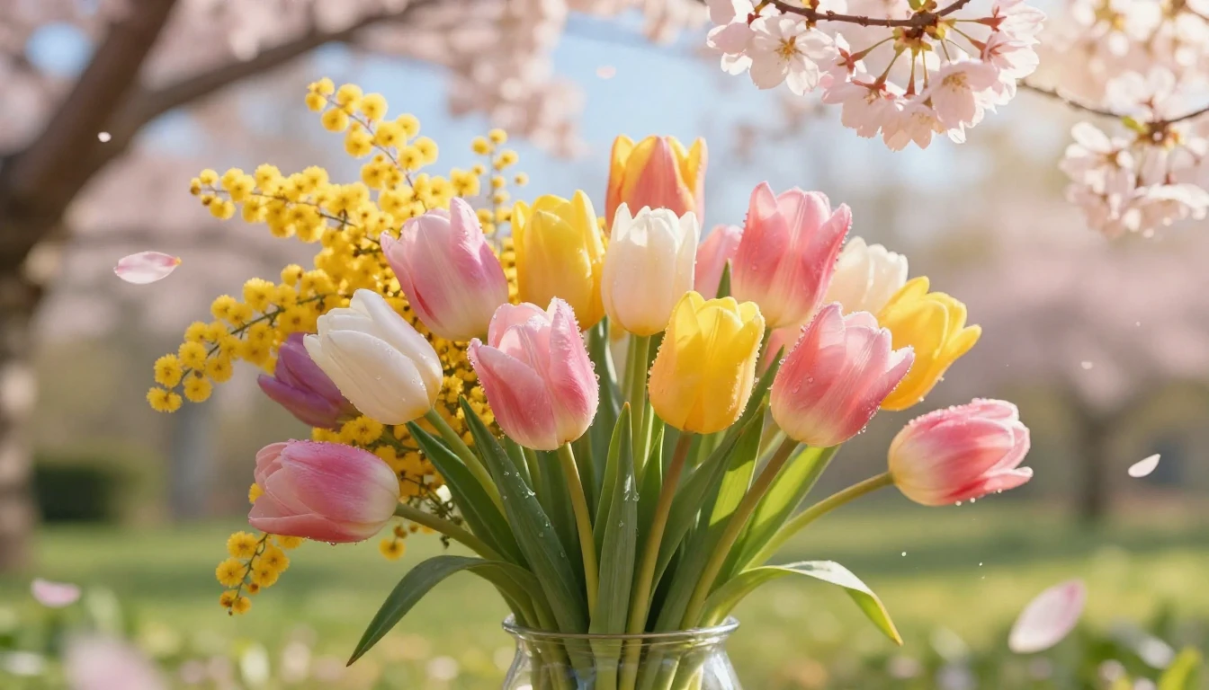 A vibrant and elegant spring scene featuring a lush bouquet ...