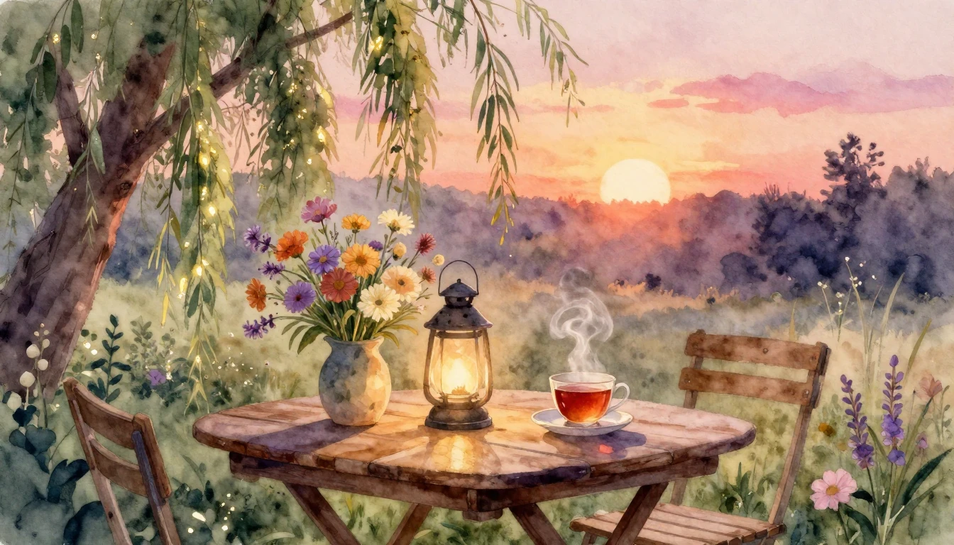 A warm and serene watercolor painting capturing a cozy garde...