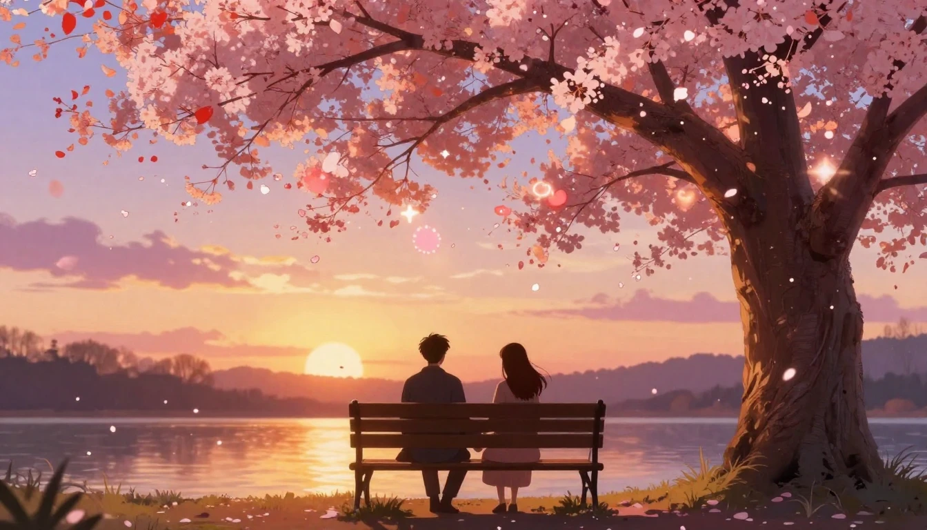 A romantic and dreamy illustration of a couple sitting on a ...