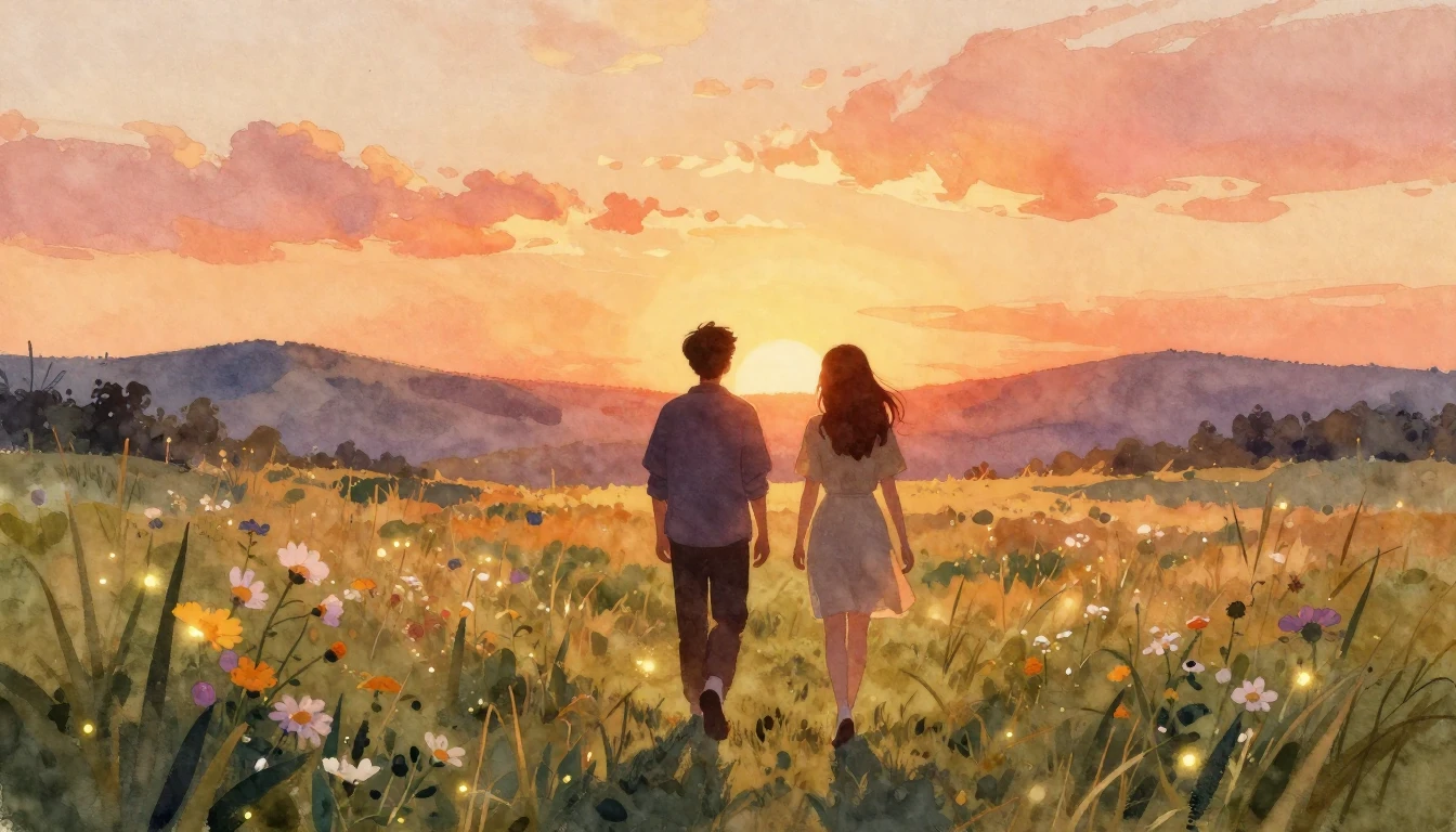 A warm and atmospheric watercolor painting of two silhouette...