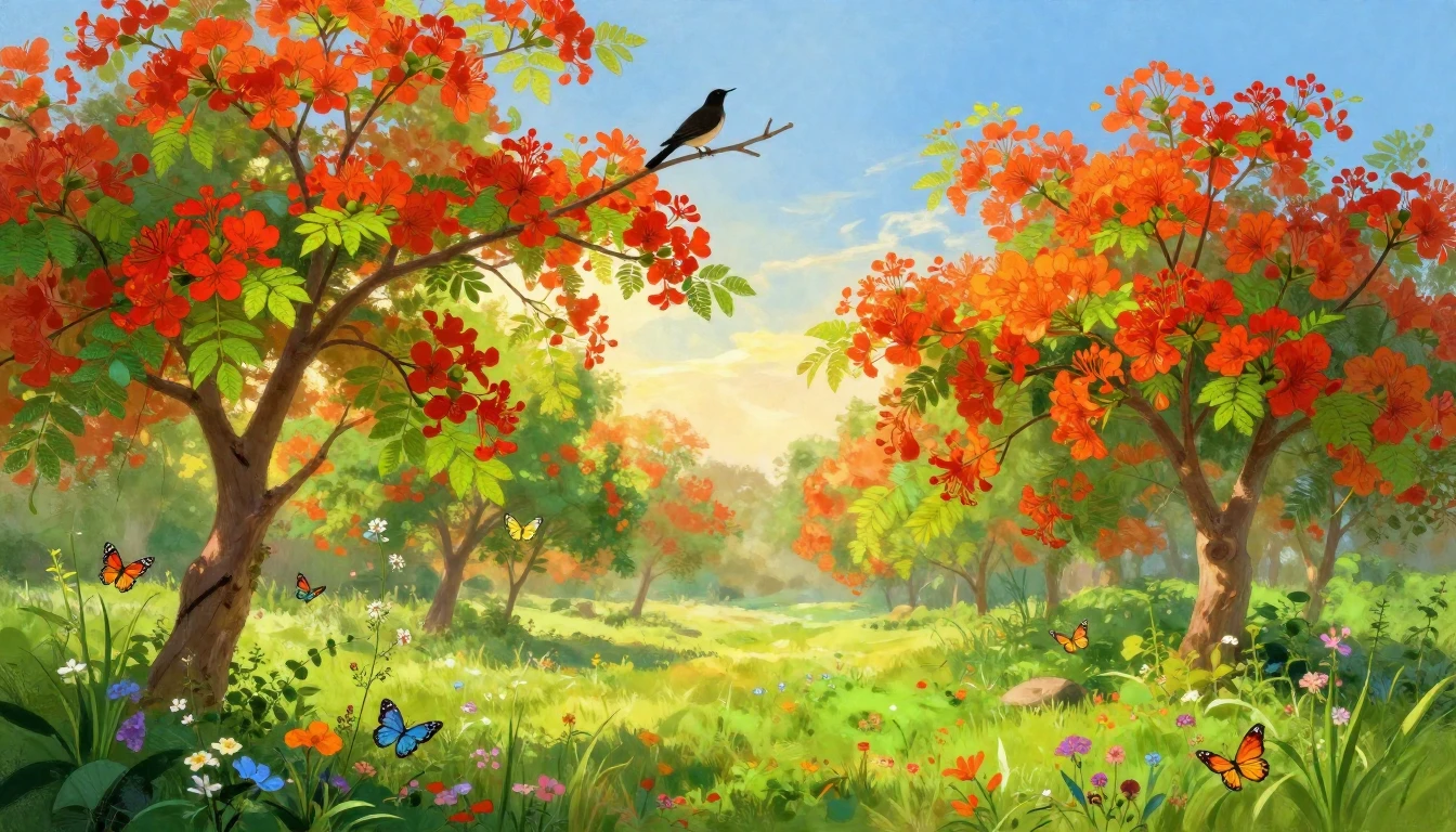 A vibrant landscape painting depicting the arrival of Spring...