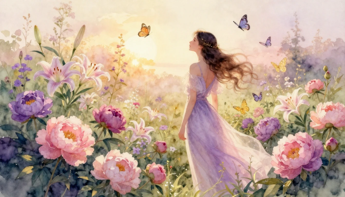 A beautiful watercolor painting of a graceful woman standing...