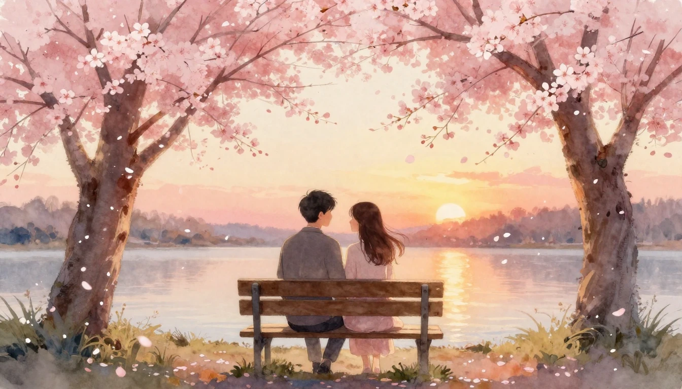 A romantic and ethereal watercolor painting of a couple sitt...