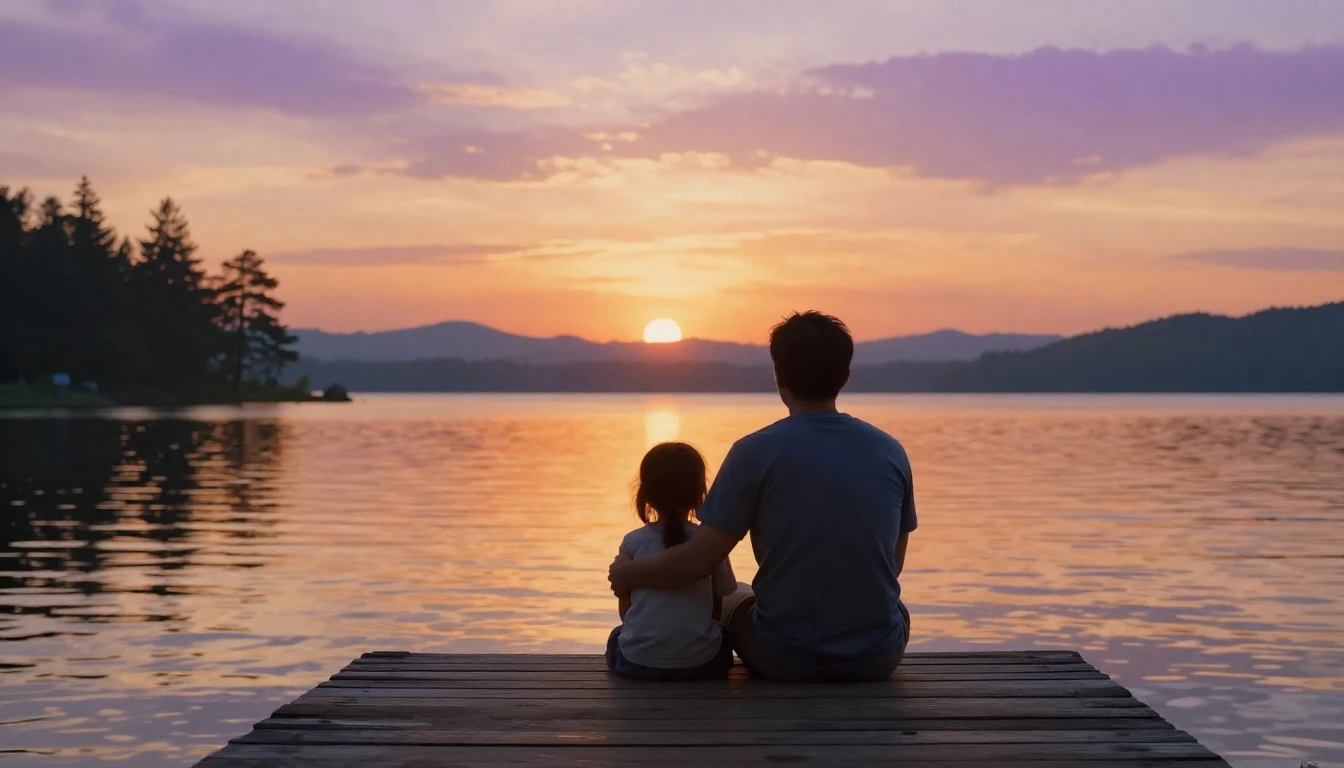 A heartwarming scene showing a father and a child sitting si...