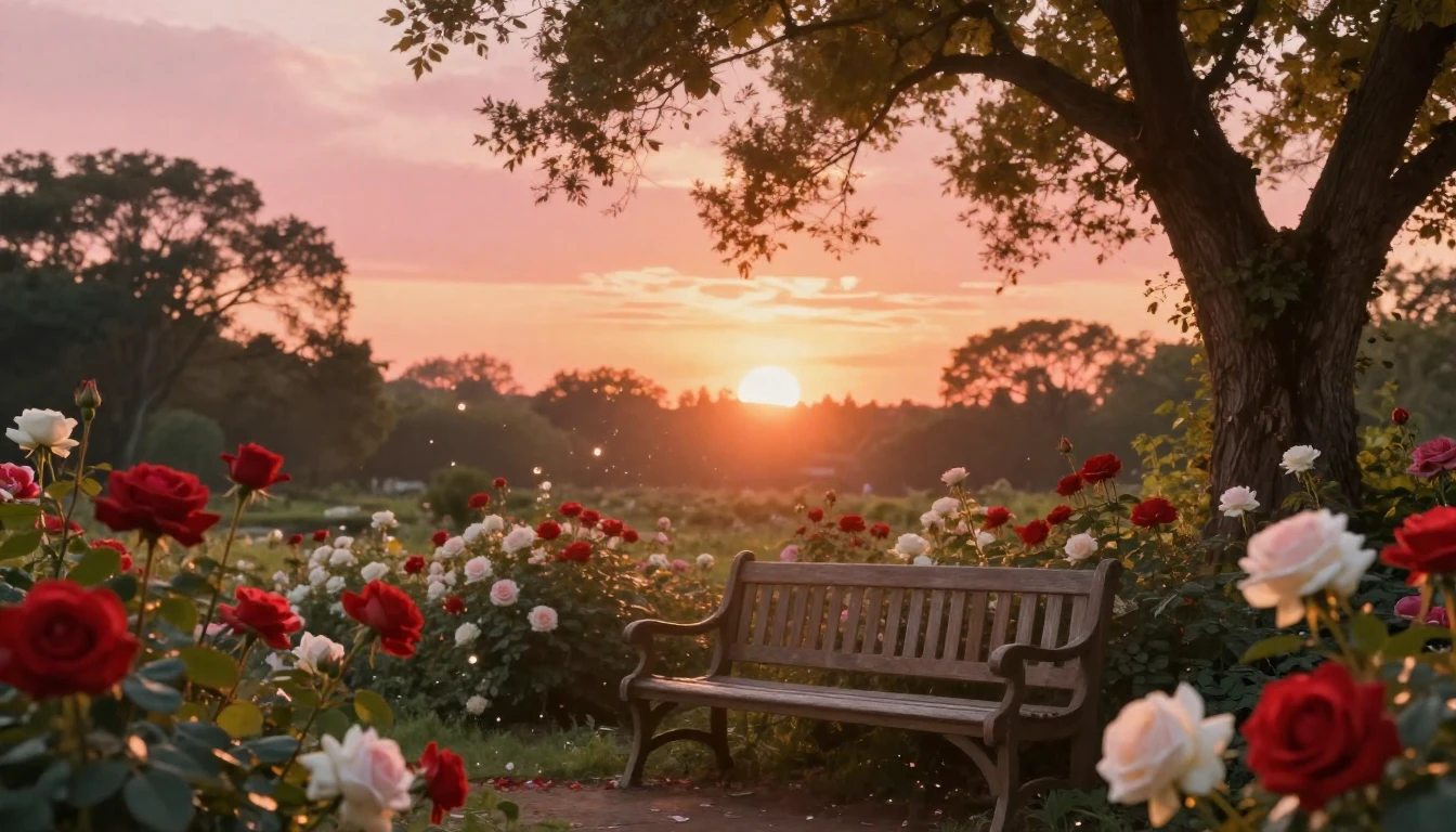 A romantic and ethereal scene of a lush garden at sunset. Th...