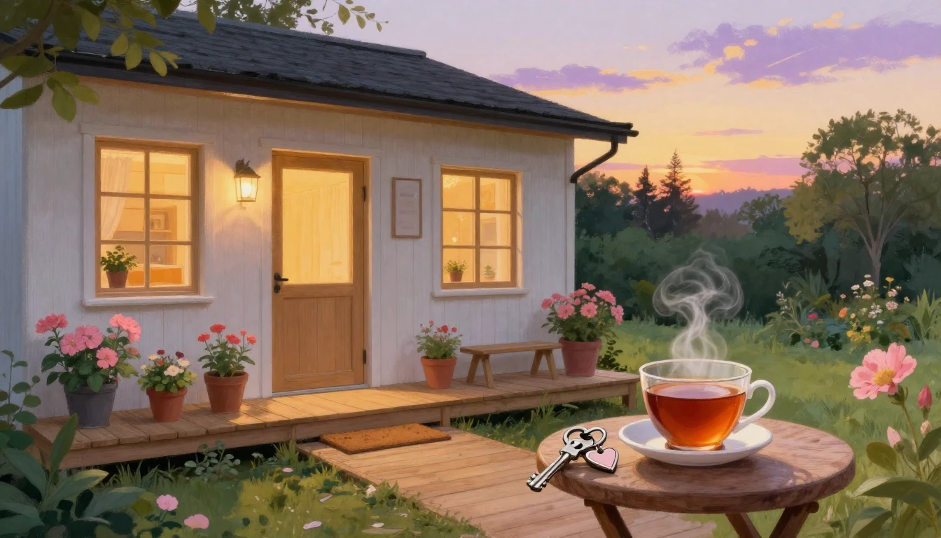 A cozy and inviting modern cottage with a warm glow emanatin...