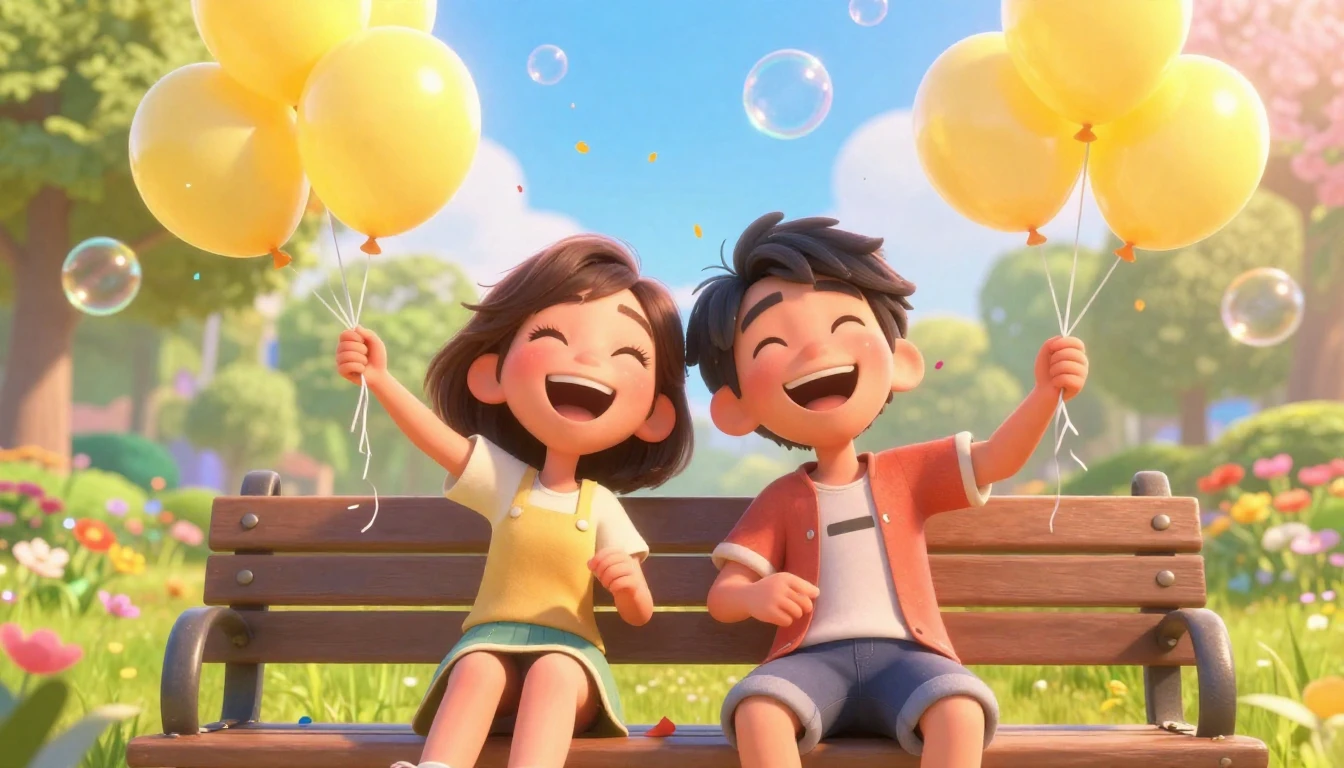A vibrant and heartwarming 3D animated scene. Two best frien...