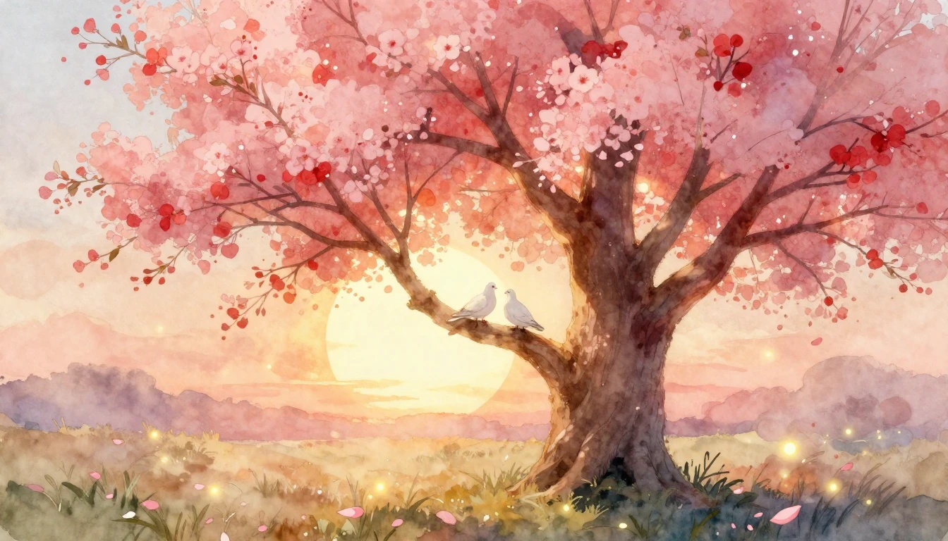 A dreamy and soft watercolor painting symbolizing eternal lo...