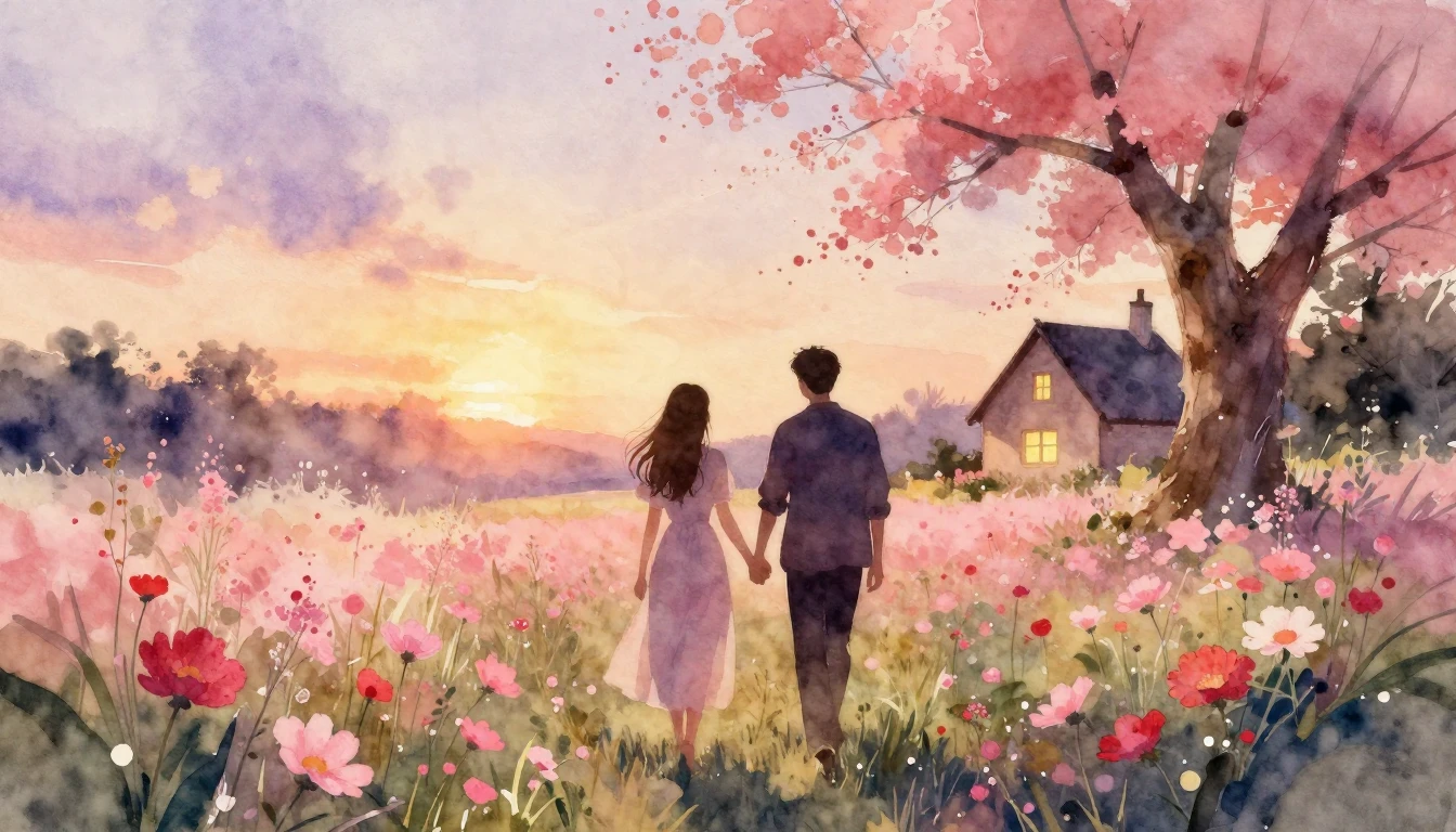 A dreamy and romantic watercolor painting depicting two silh...