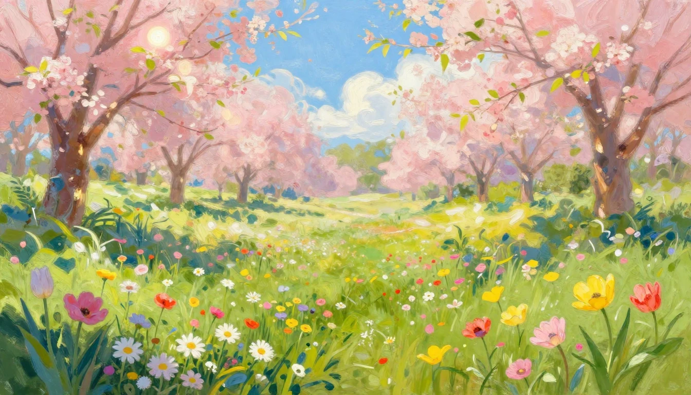 A vibrant and joyful spring landscape depicted in a soft Imp...