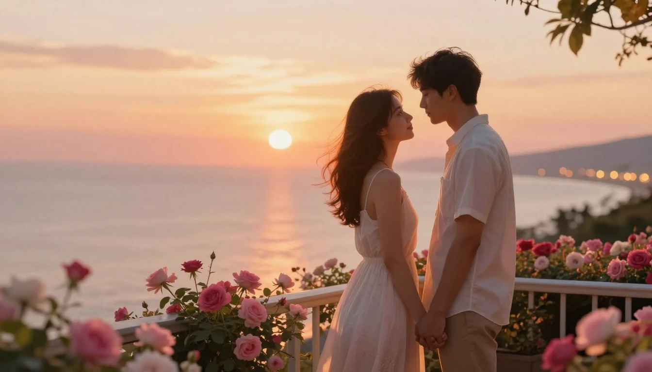 A romantic and intimate scene of a couple standing on a balc...