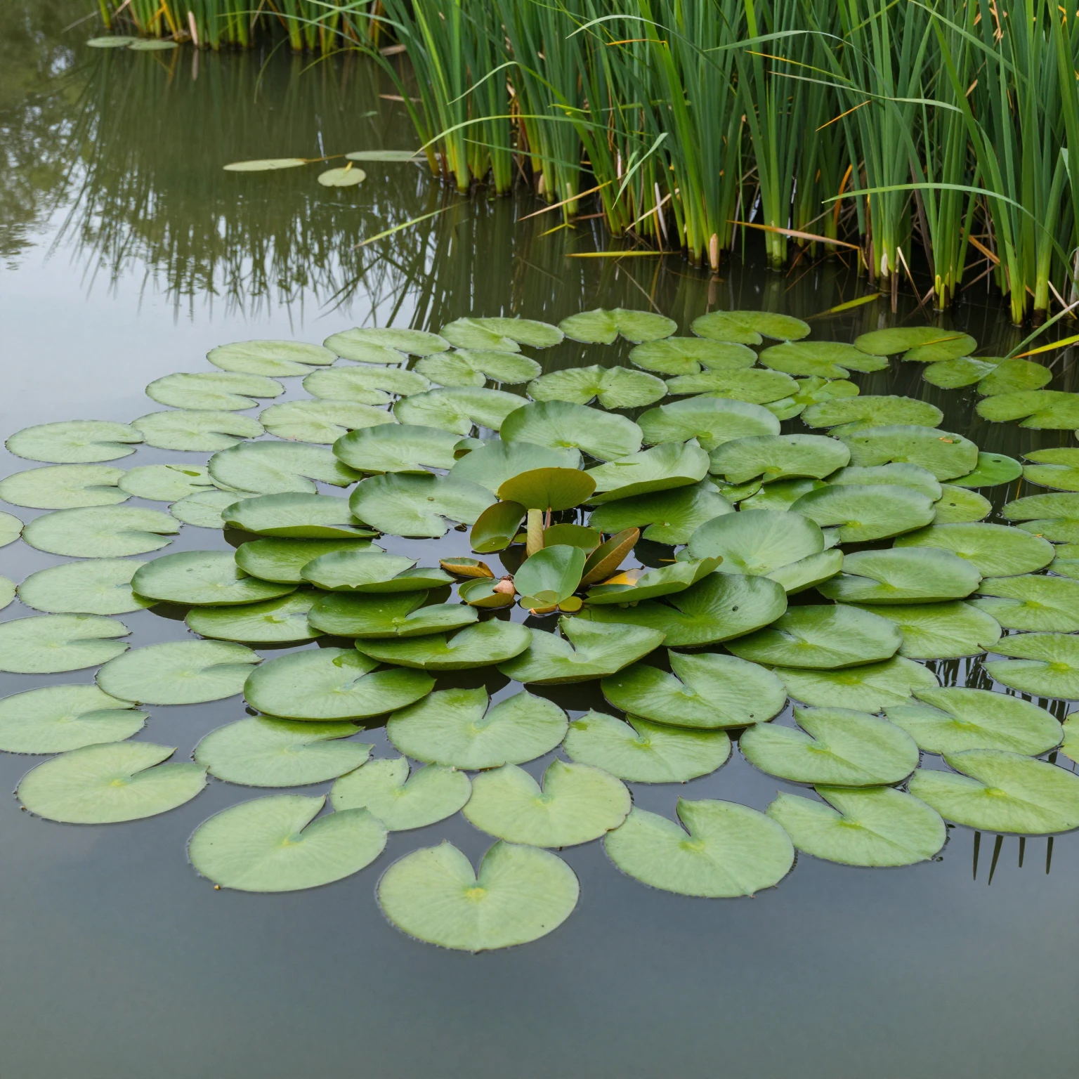 A calm pond surface covered with various green lily pads and...