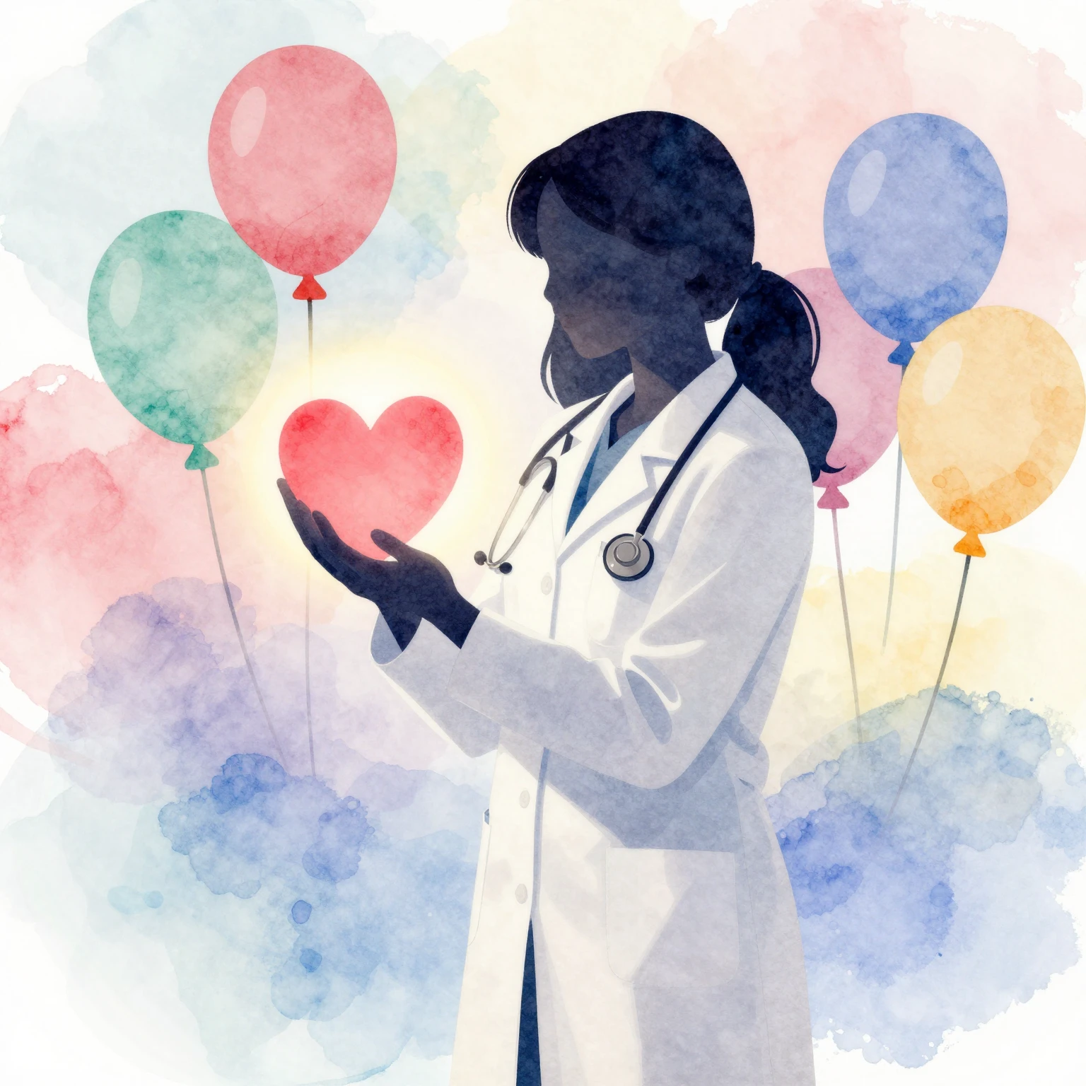 Watercolor style. A silhouette of a kind woman in a medical ...