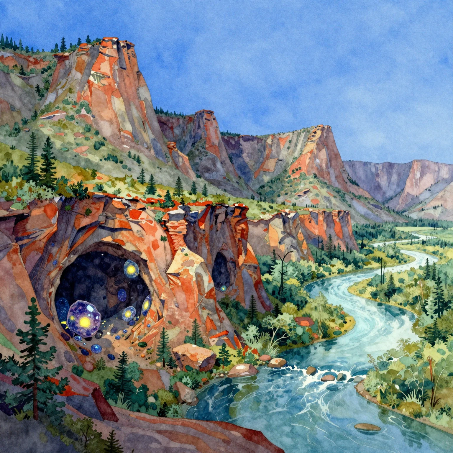 Vibrant watercolor style. Majestic Perm region landscape, an...