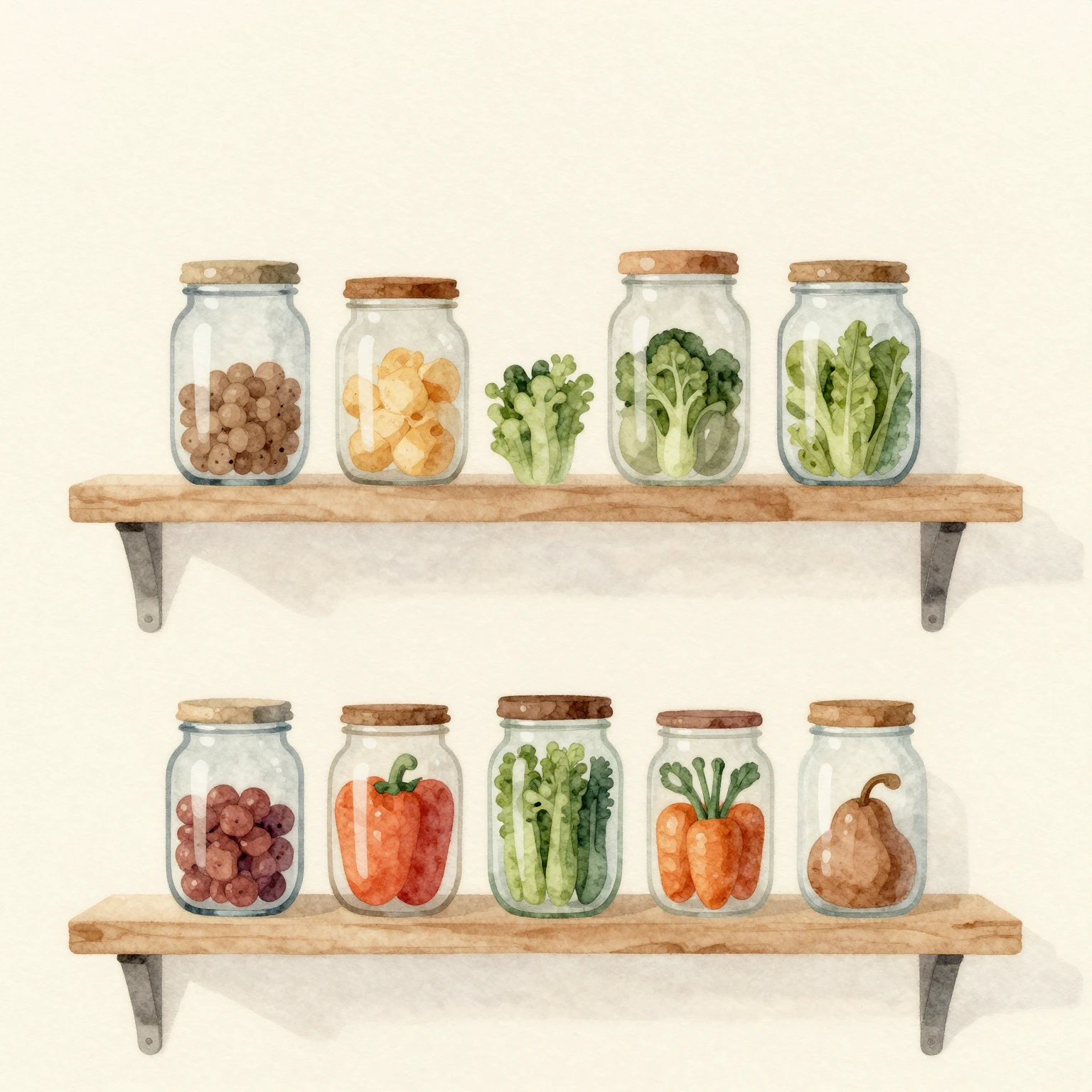 Watercolor style. A minimalist silhouette of a kitchen shelf...