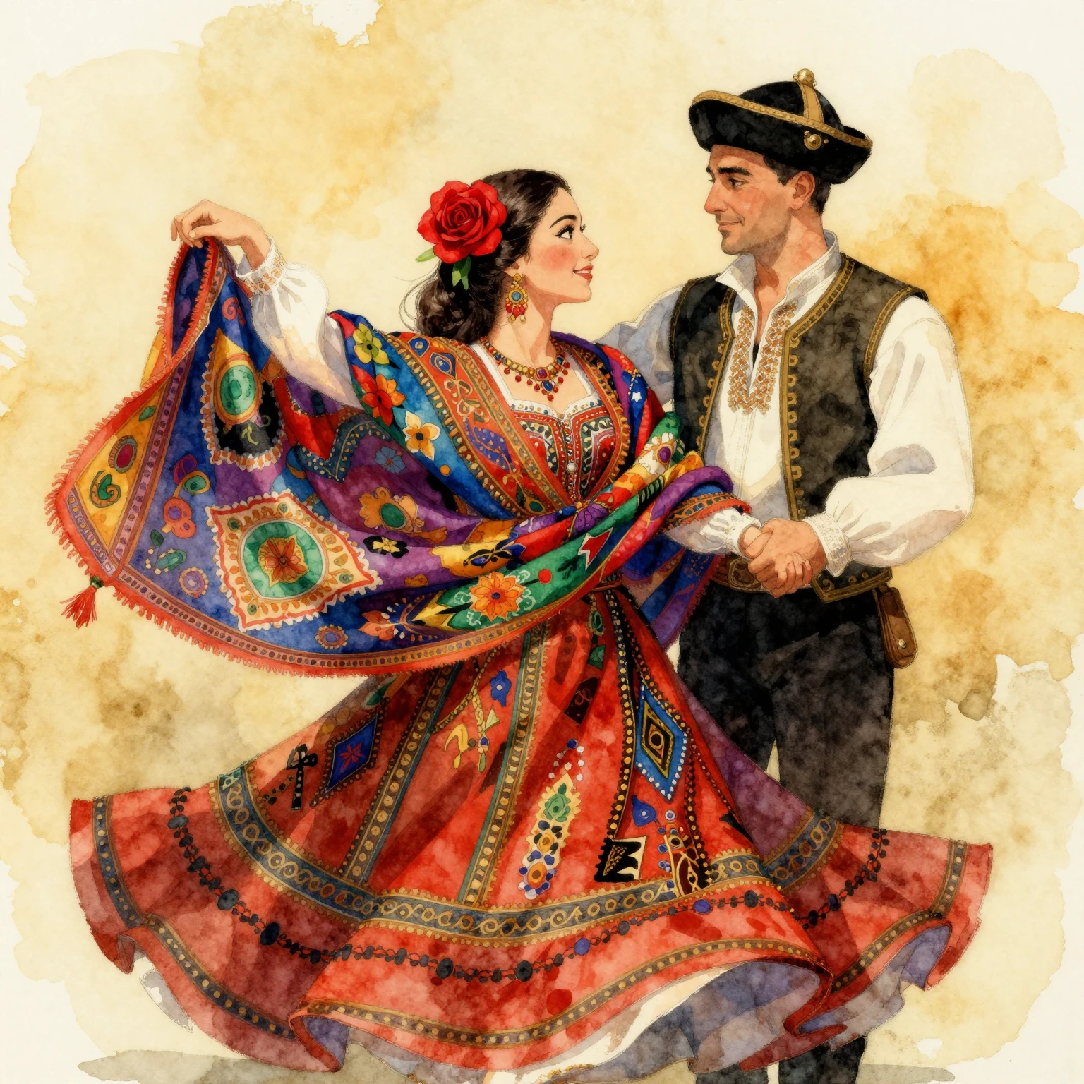 Artistic watercolor illustration of traditional Roma dance c...