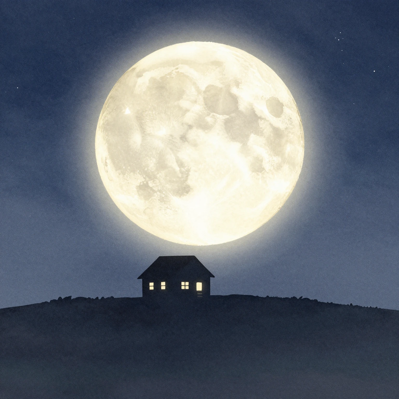 Watercolor style. A silhouette of a small cozy house on a hi...