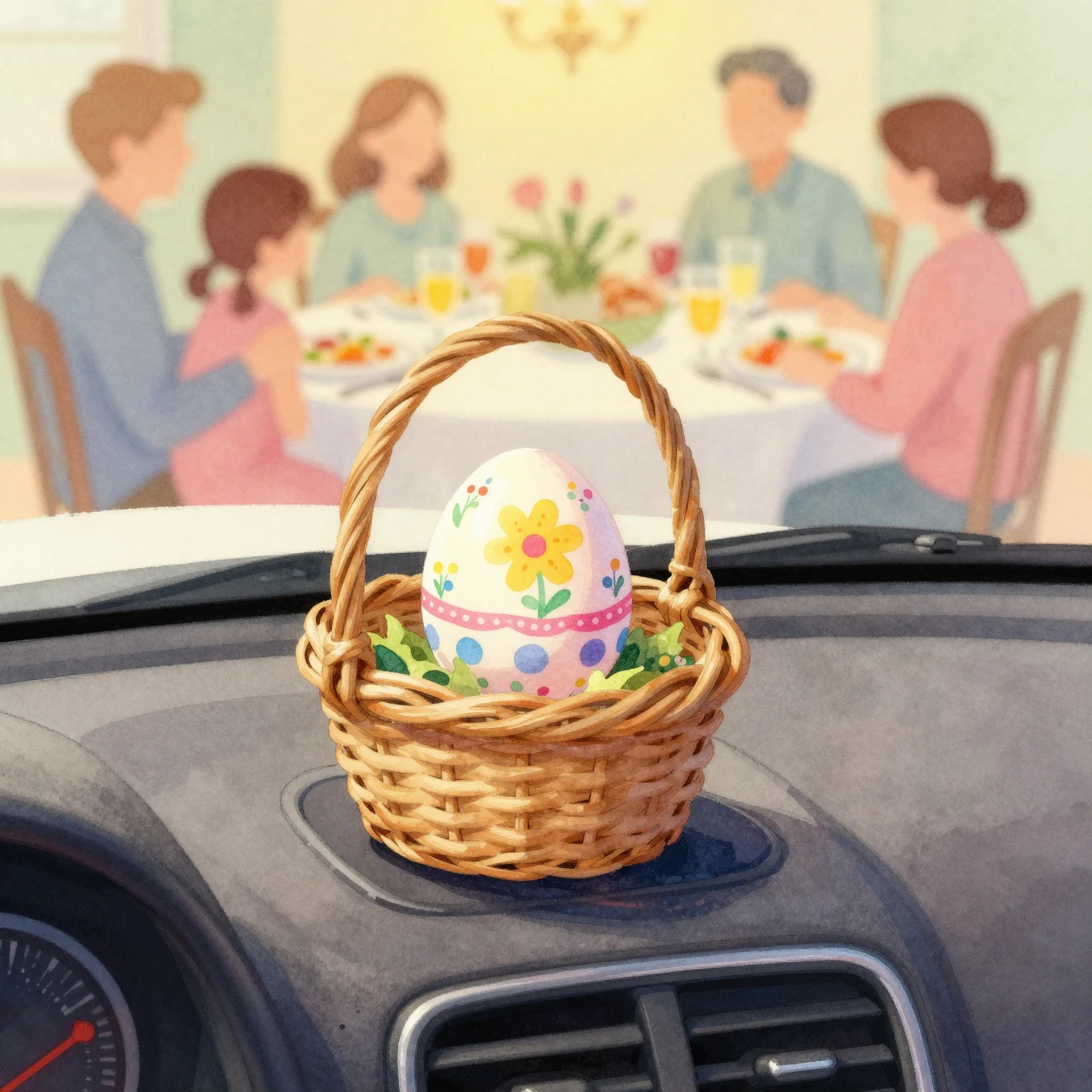 Vibrant watercolor painting depicting a small Easter basket ...