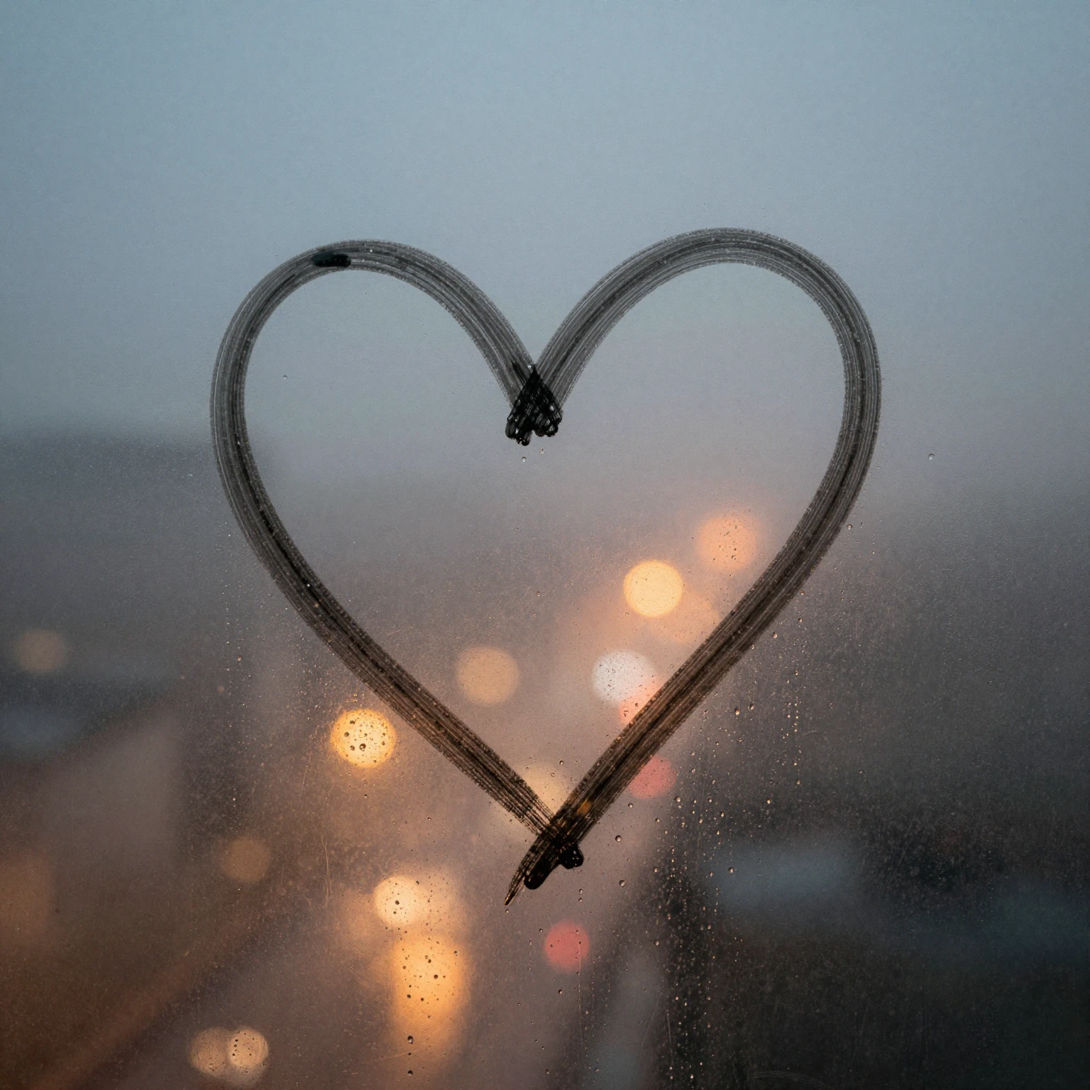 A stylized heart drawn on a foggy window, with visible raind...