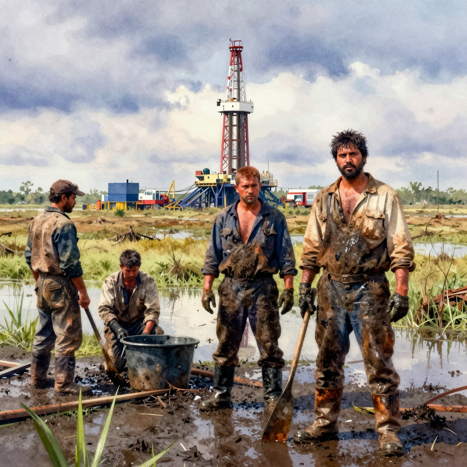 Vibrant watercolor style. Oil workers in heavy, dirty workwe...