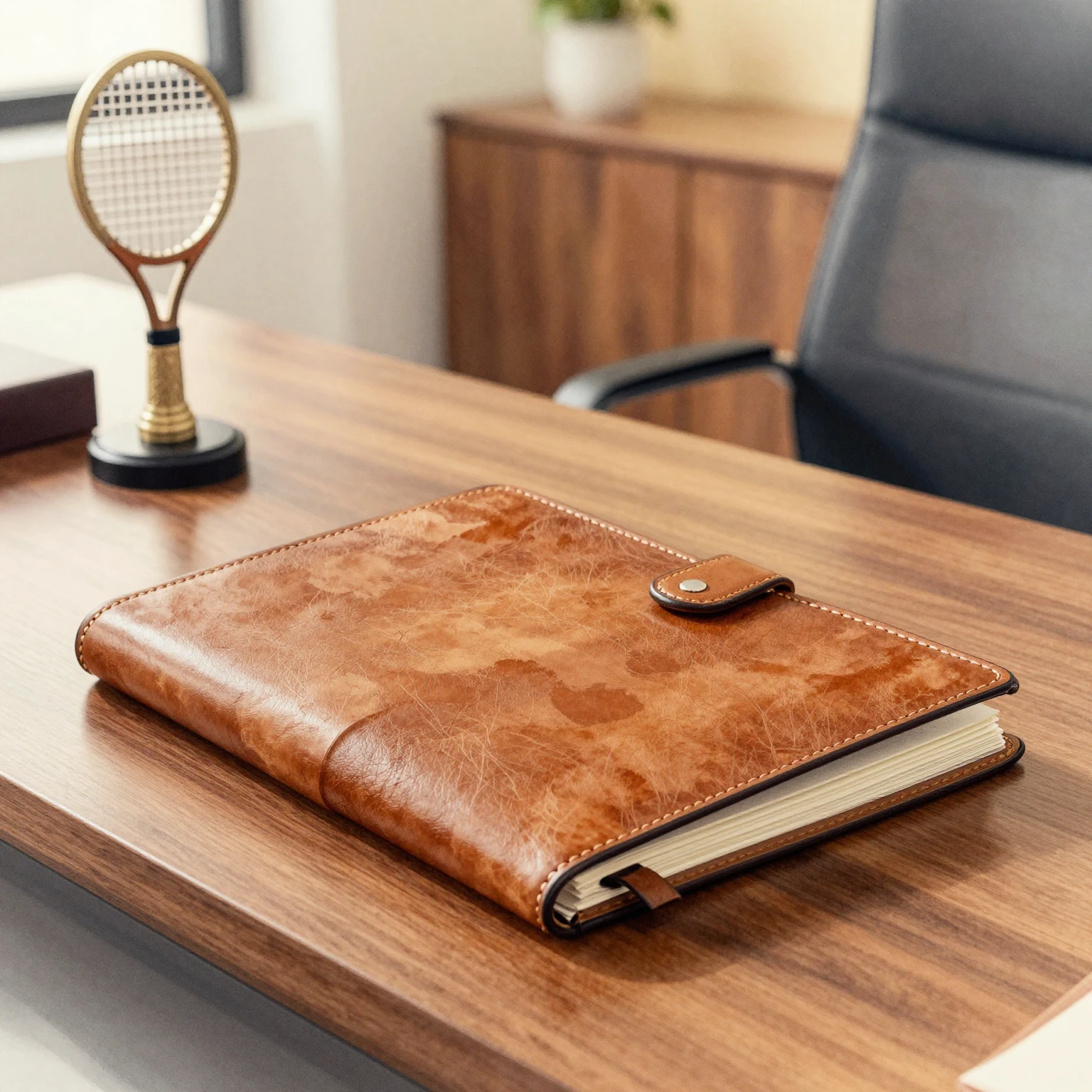 Watercolor style office decor with polished wooden desk, ele...