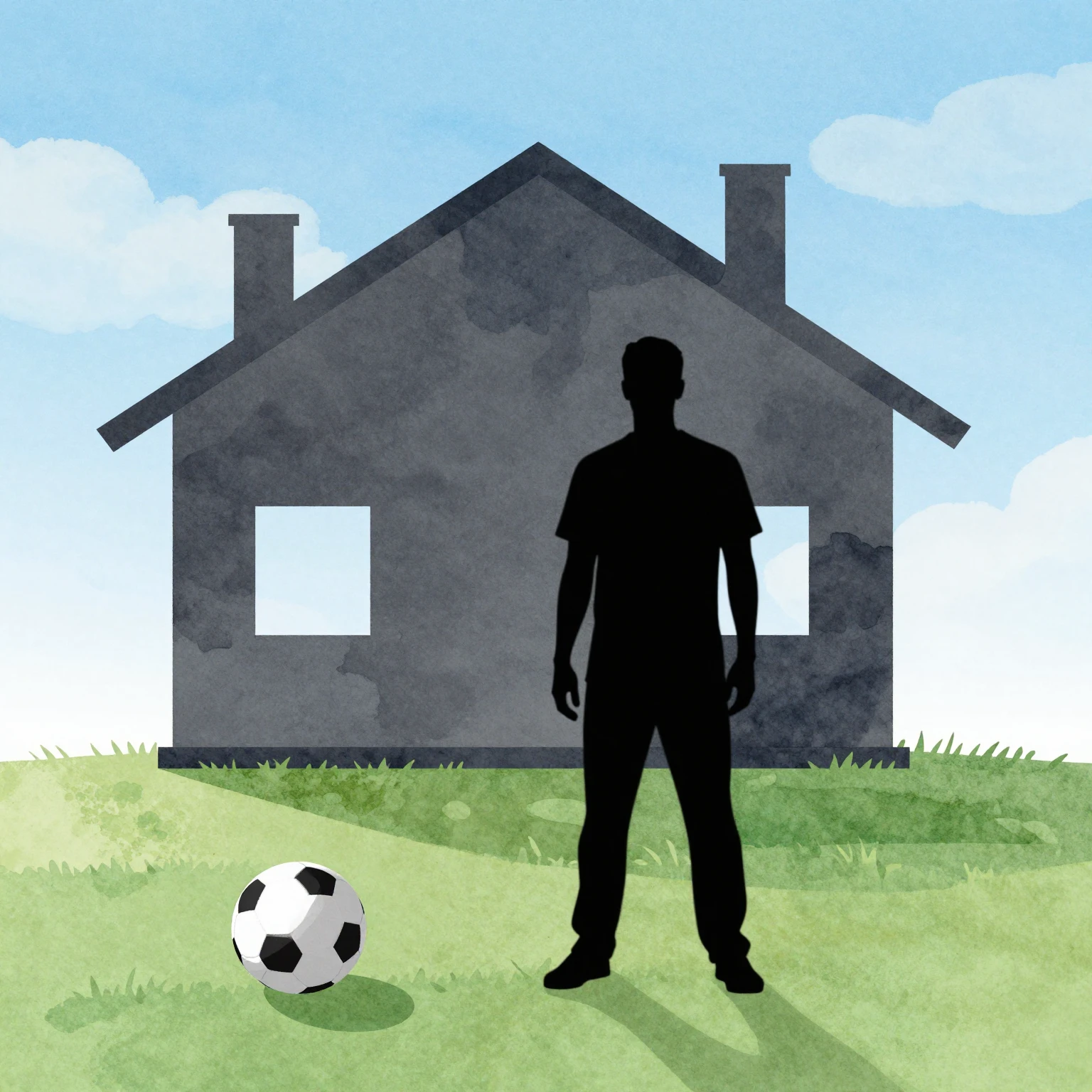 Watercolor style silhouette of a man standing by a house und...