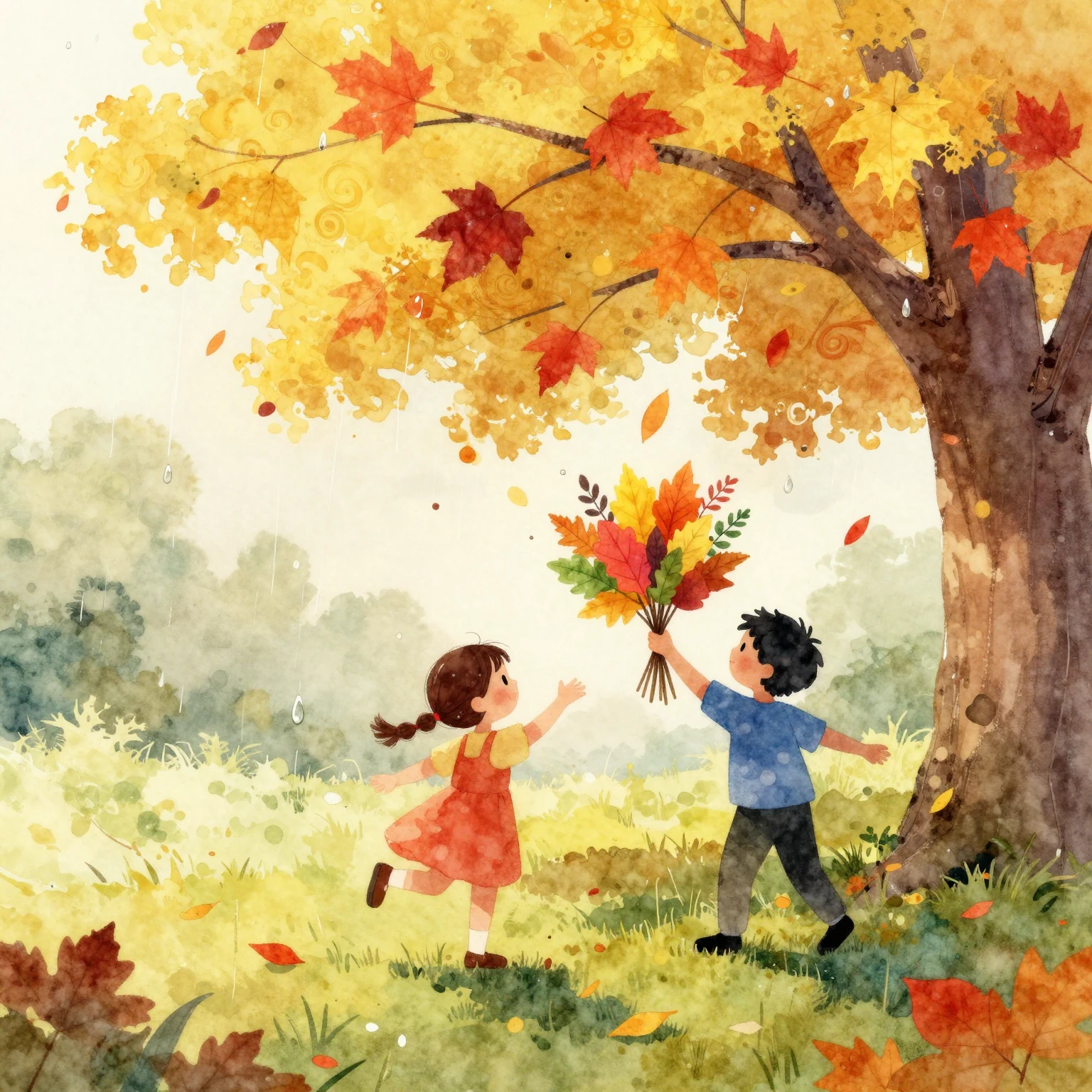 Vibrant watercolor style. A cheerful autumn scene with swirl...