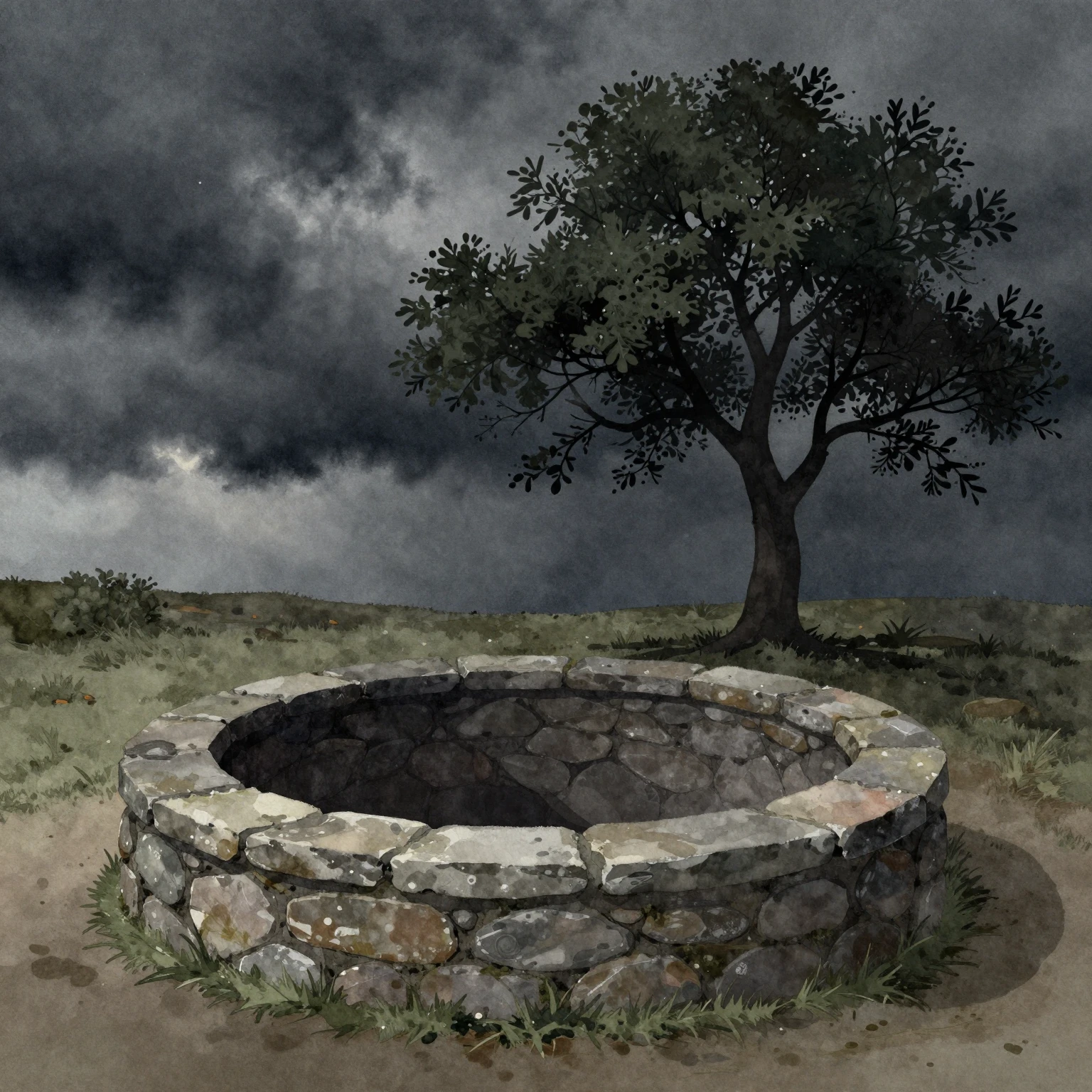 A lonely silhouette of a tree near a deep stone well, in wat...