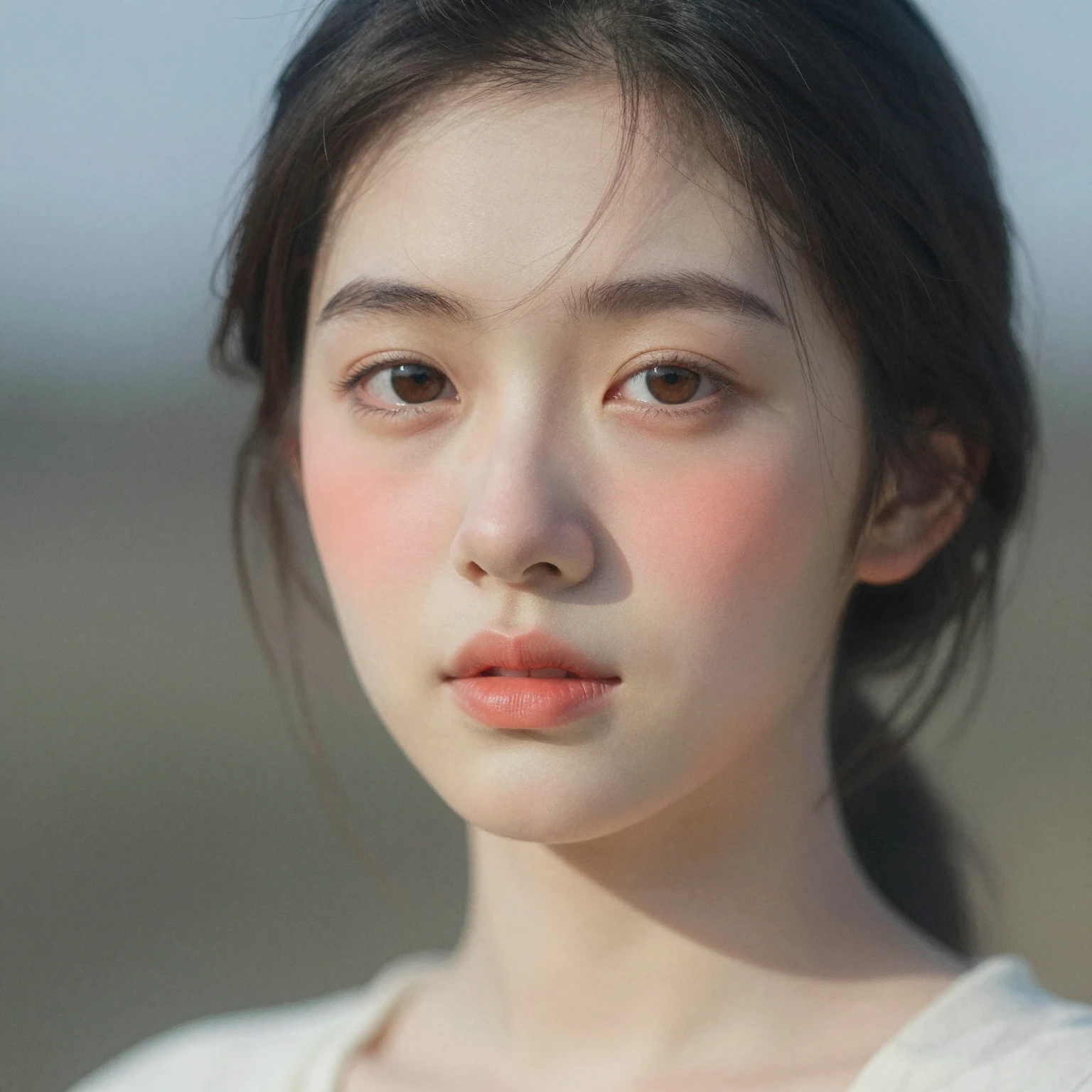 Portrait of a young lady with porcelain skin and natural flu...