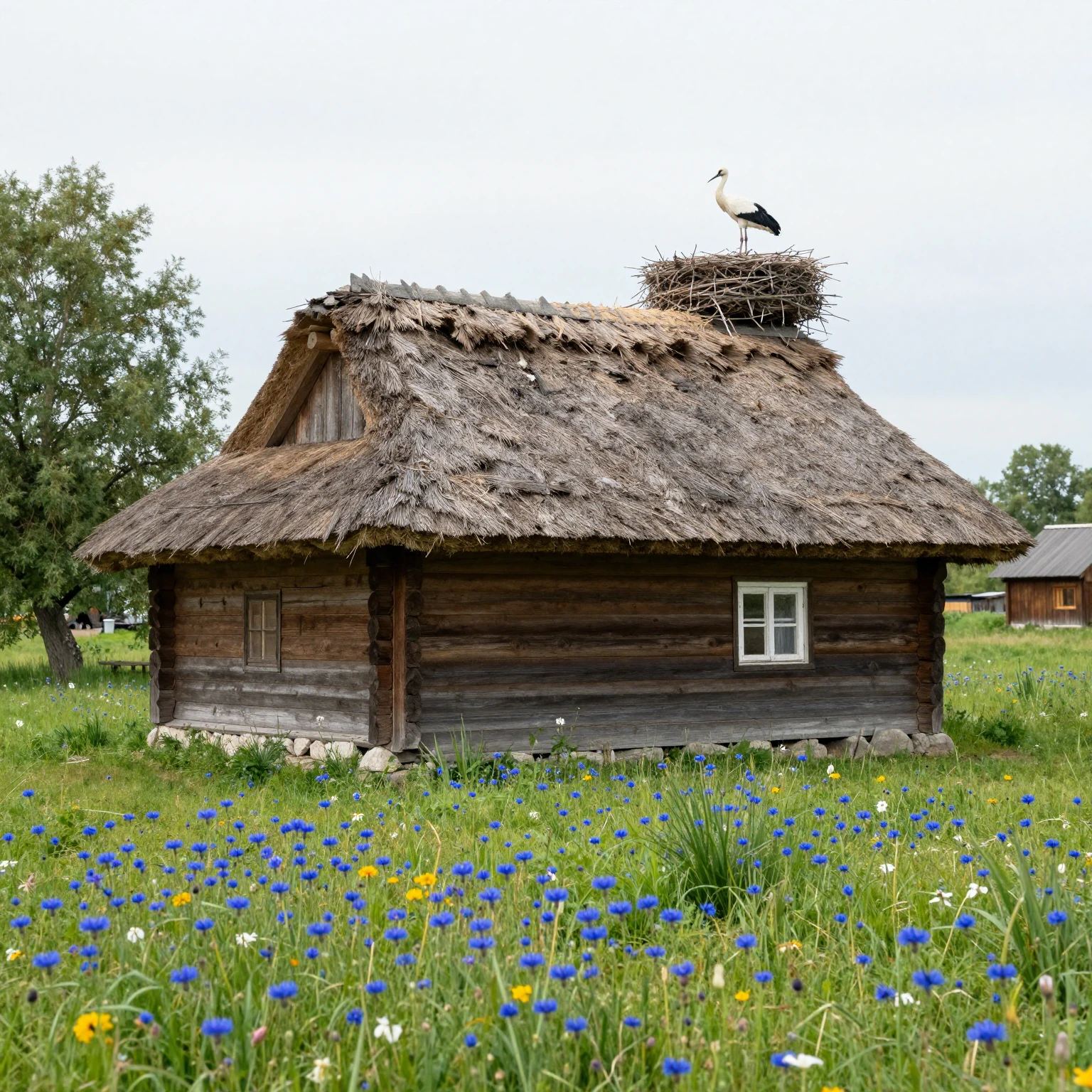 Traditional Belarusian landscape, wooden house with a thatch...