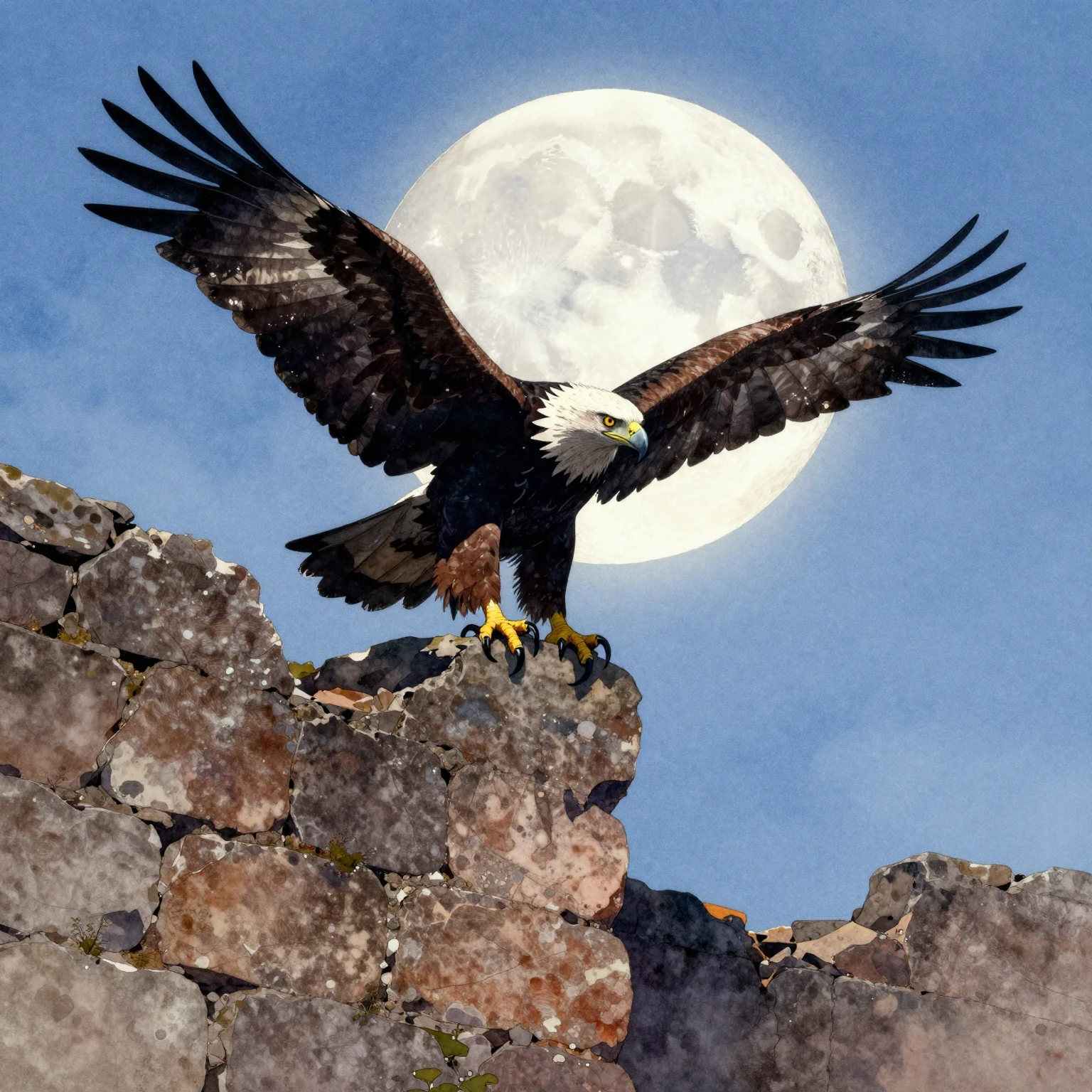 A majestic eagle, silhouetted against a large, full moon, pe...