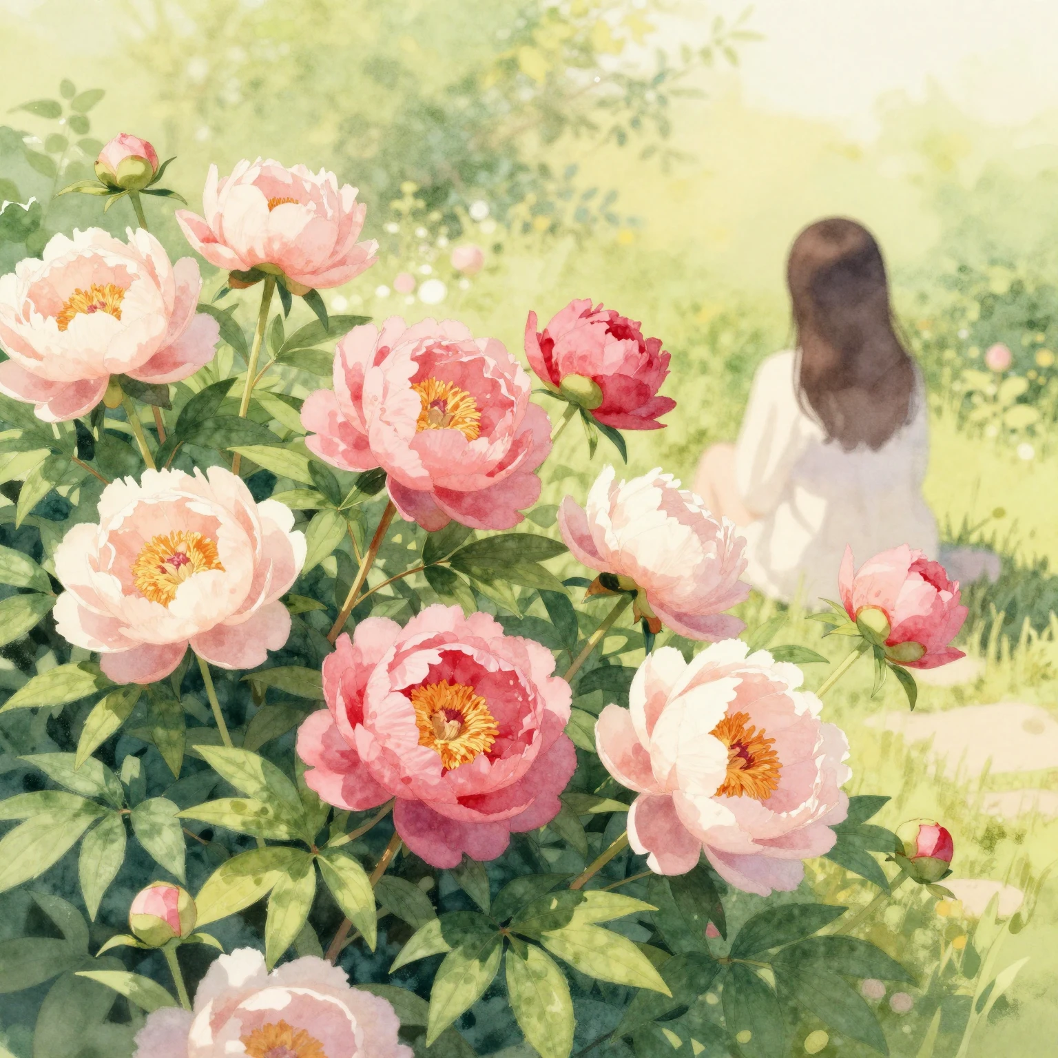 Vibrant watercolor illustration of blooming peonies on a war...