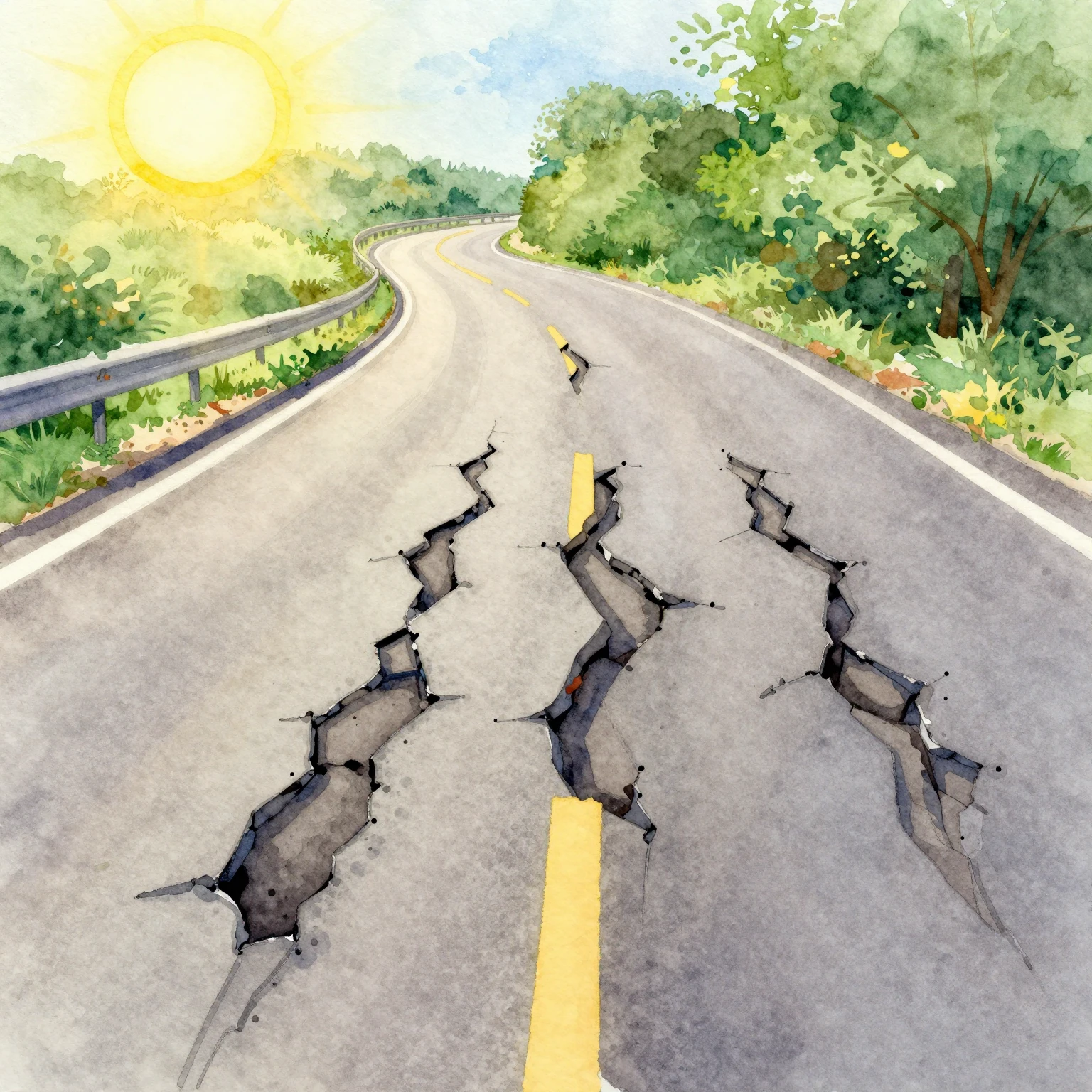 A vibrant watercolor painting of a heavily potholed, winding...