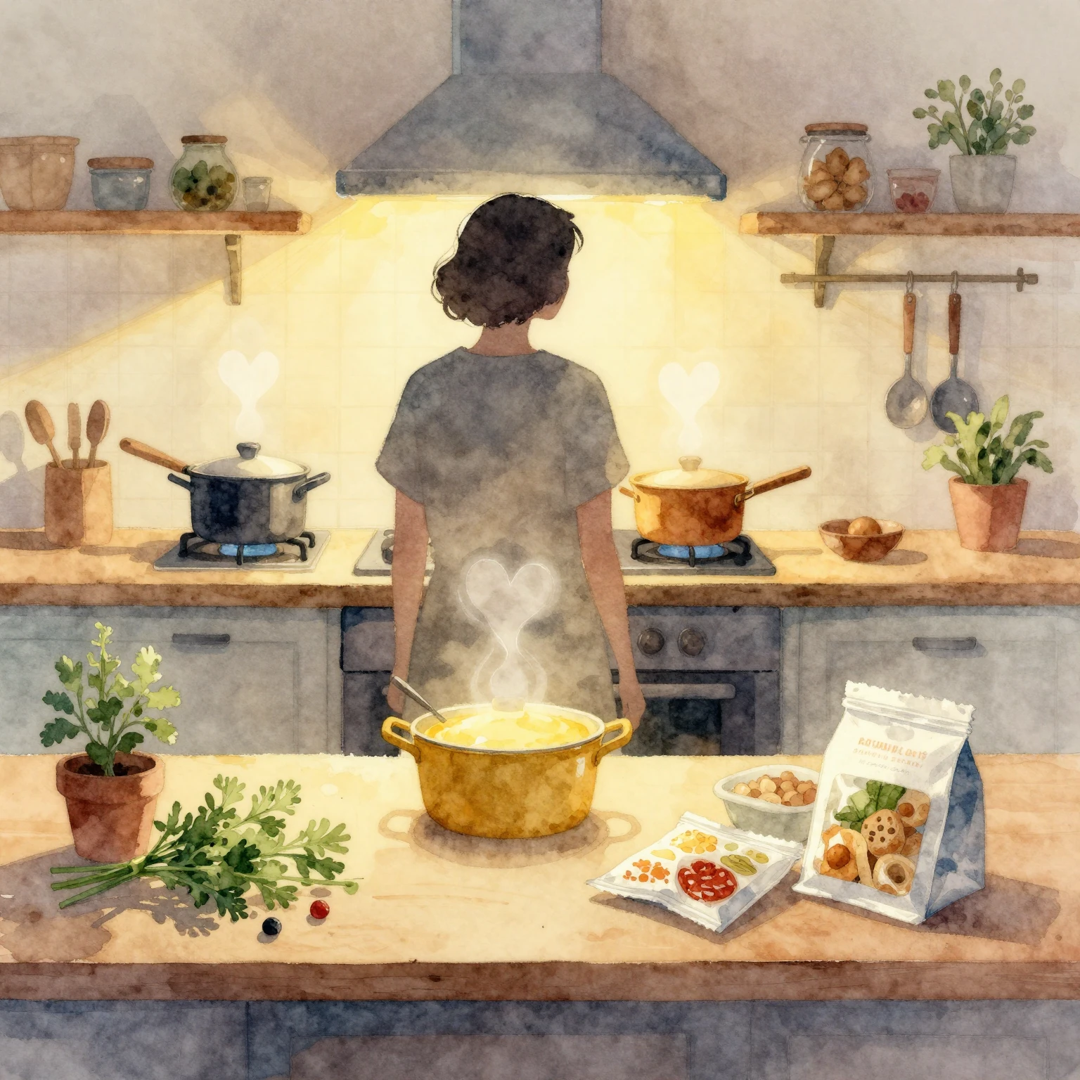 Watercolor style. A silhouette of a person standing in a coz...