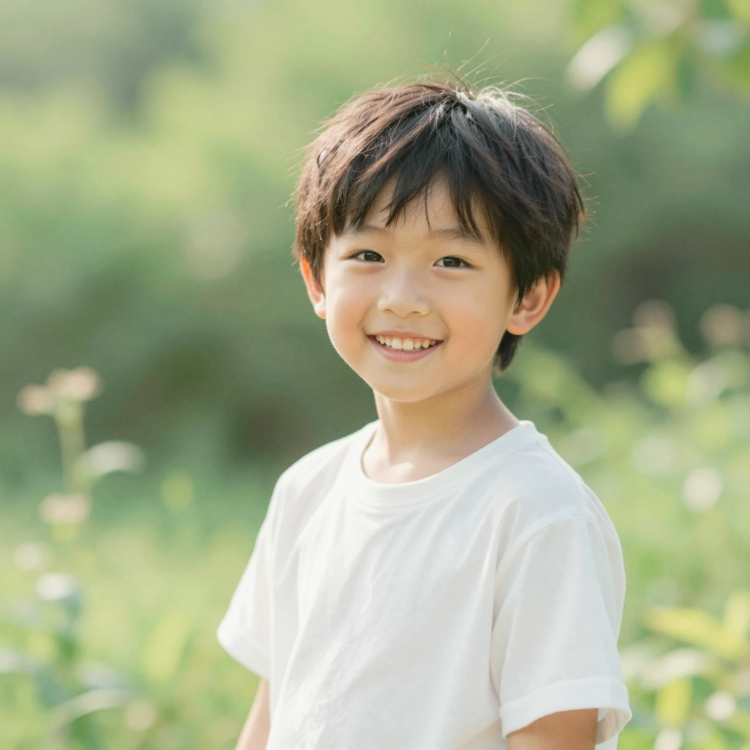 A happy 10-year-old child with a kind smile in a green garde...