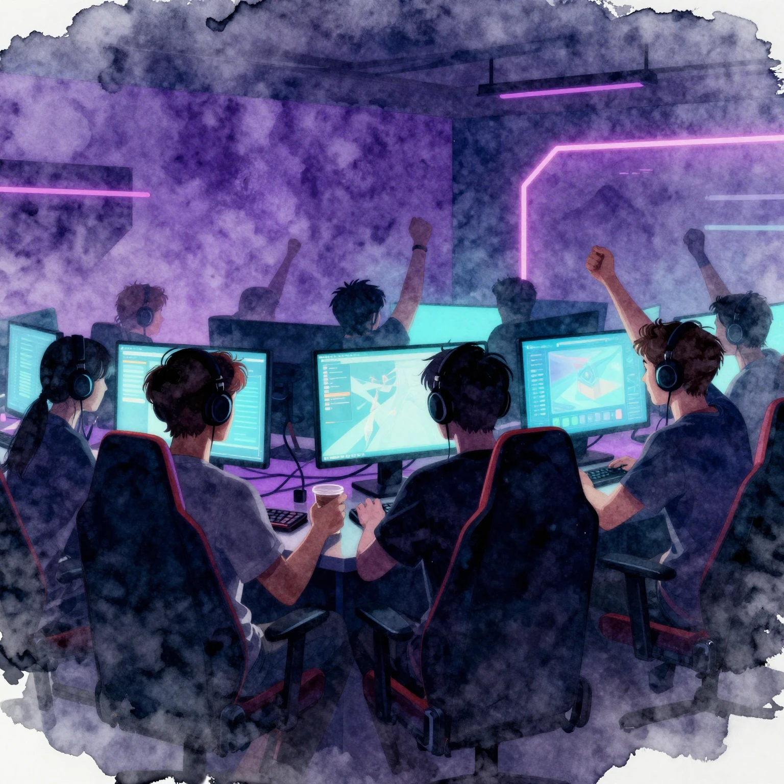 Watercolor style. A dark neon-lit gaming room silhouette of ...