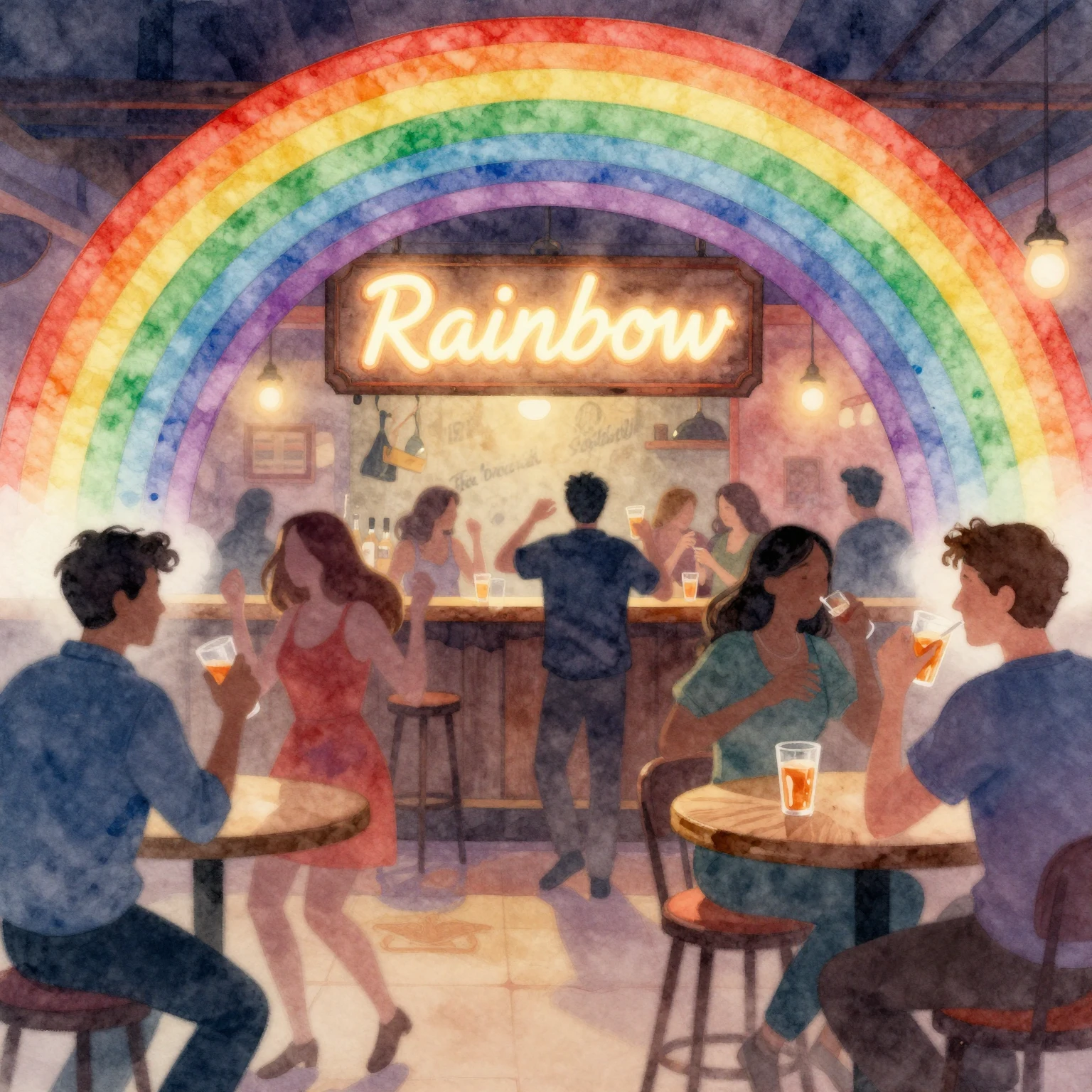 A vibrant, chaotic tavern scene under a rainbow arch, with b...