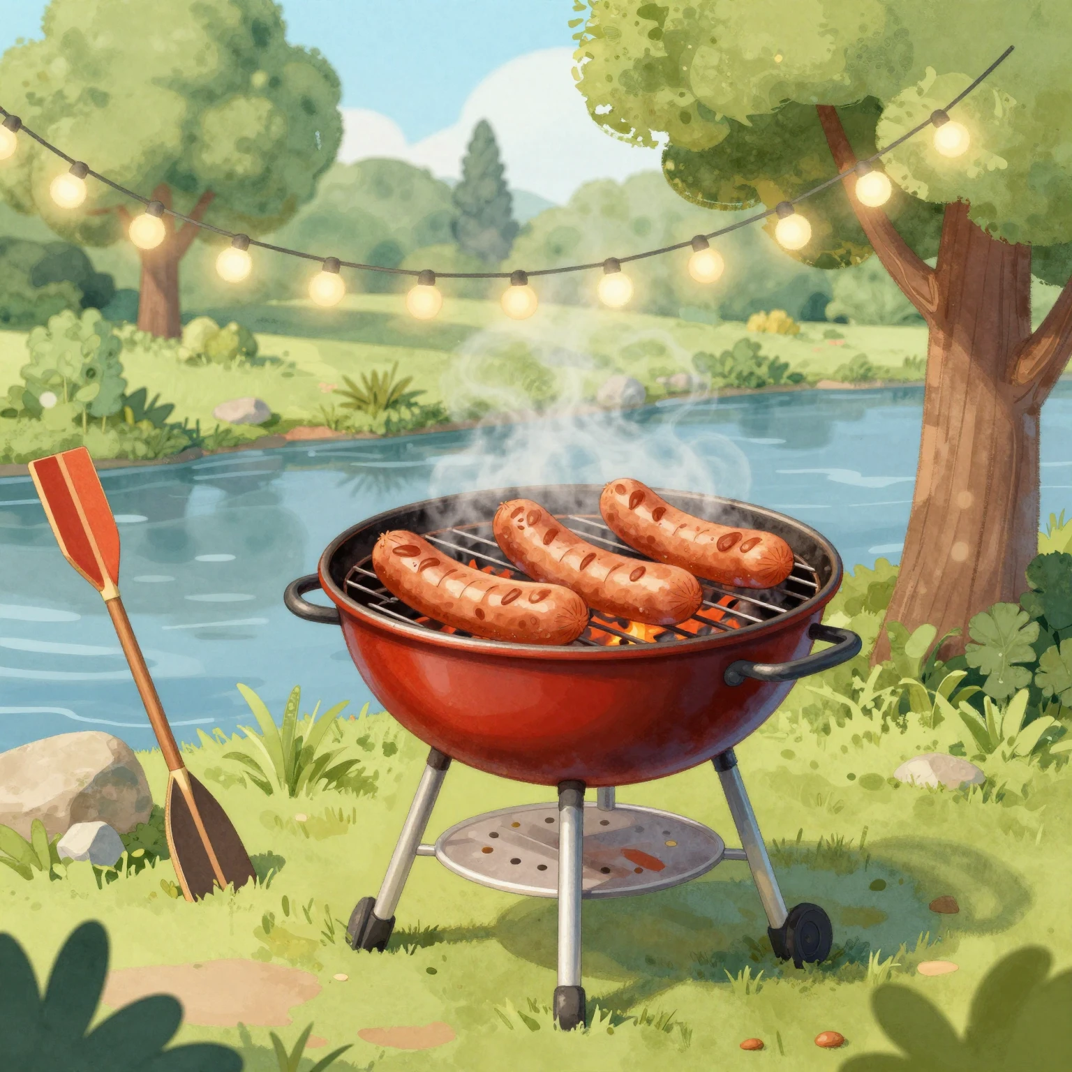 Watercolor style humorous 3D illustration of a huge barbecue...