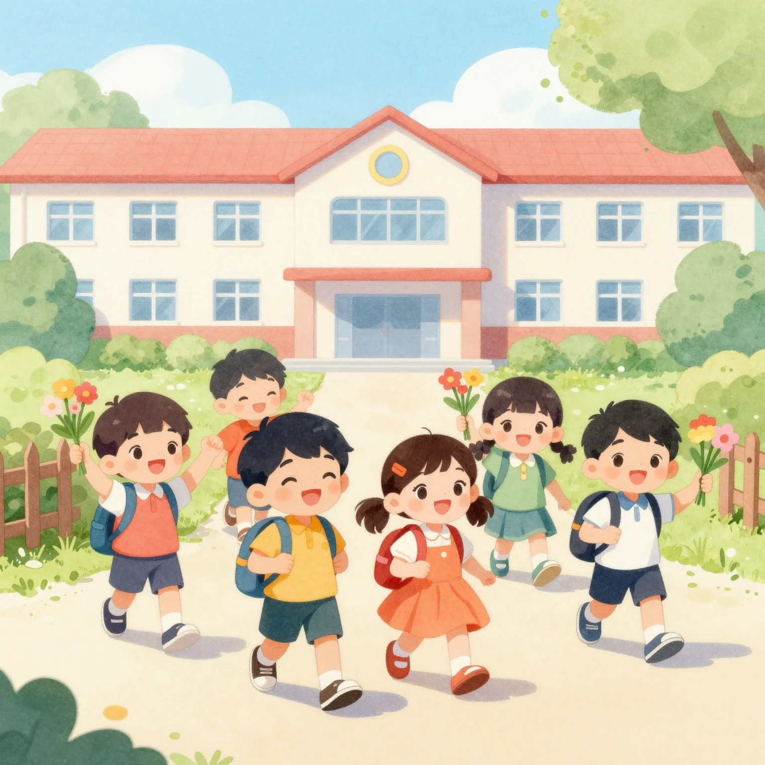 Vibrant watercolor illustration of cheerful children, boys a...