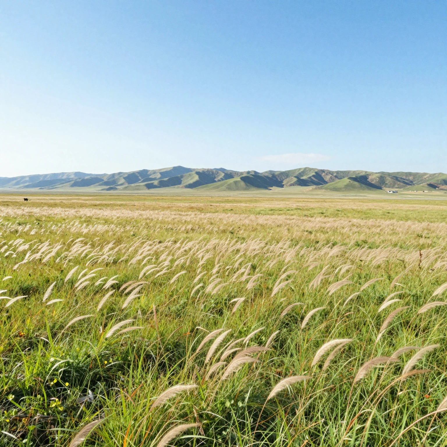 Endless steppes with waving feather grass under a vast sky, ...