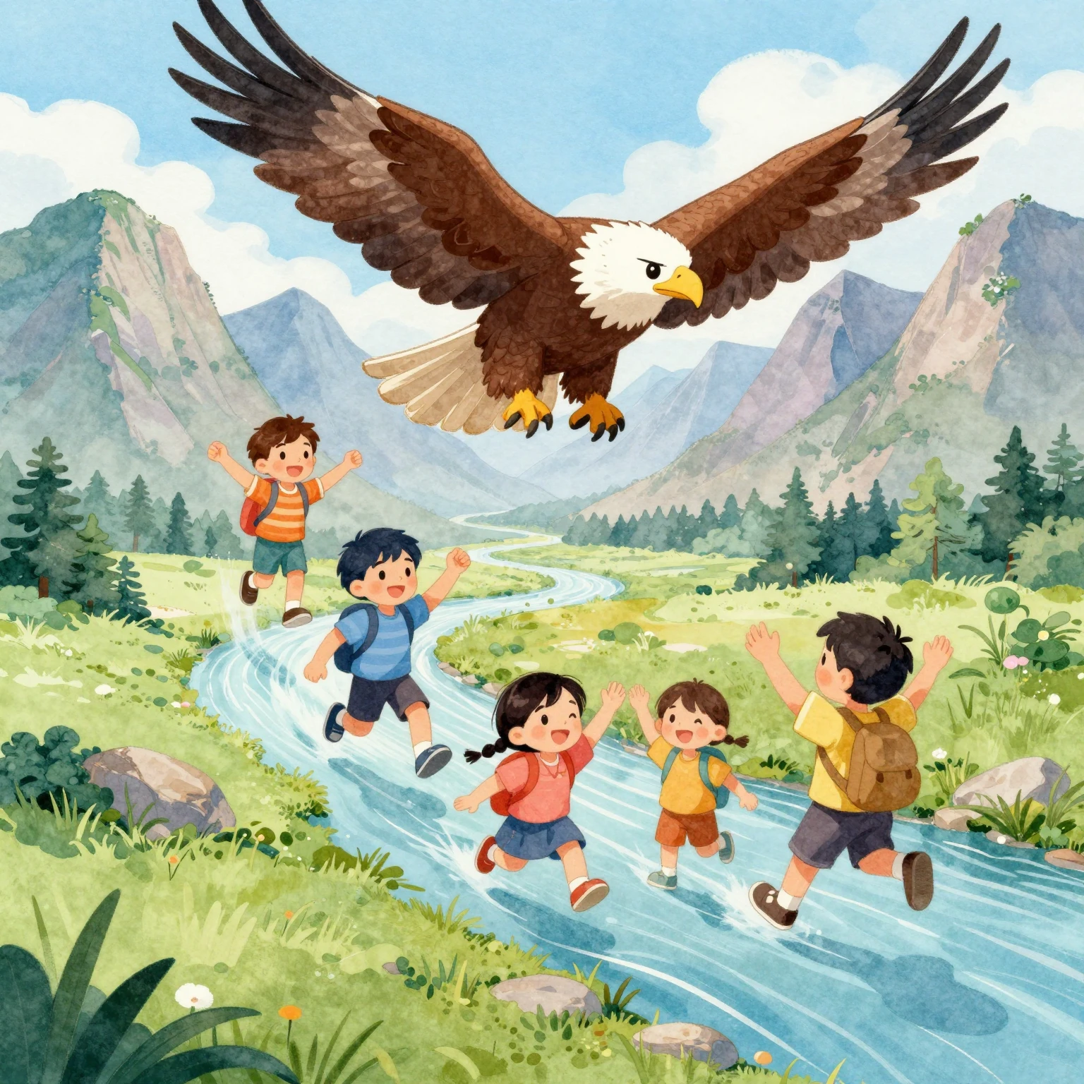 Vibrant watercolor illustration of children flying like eagl...