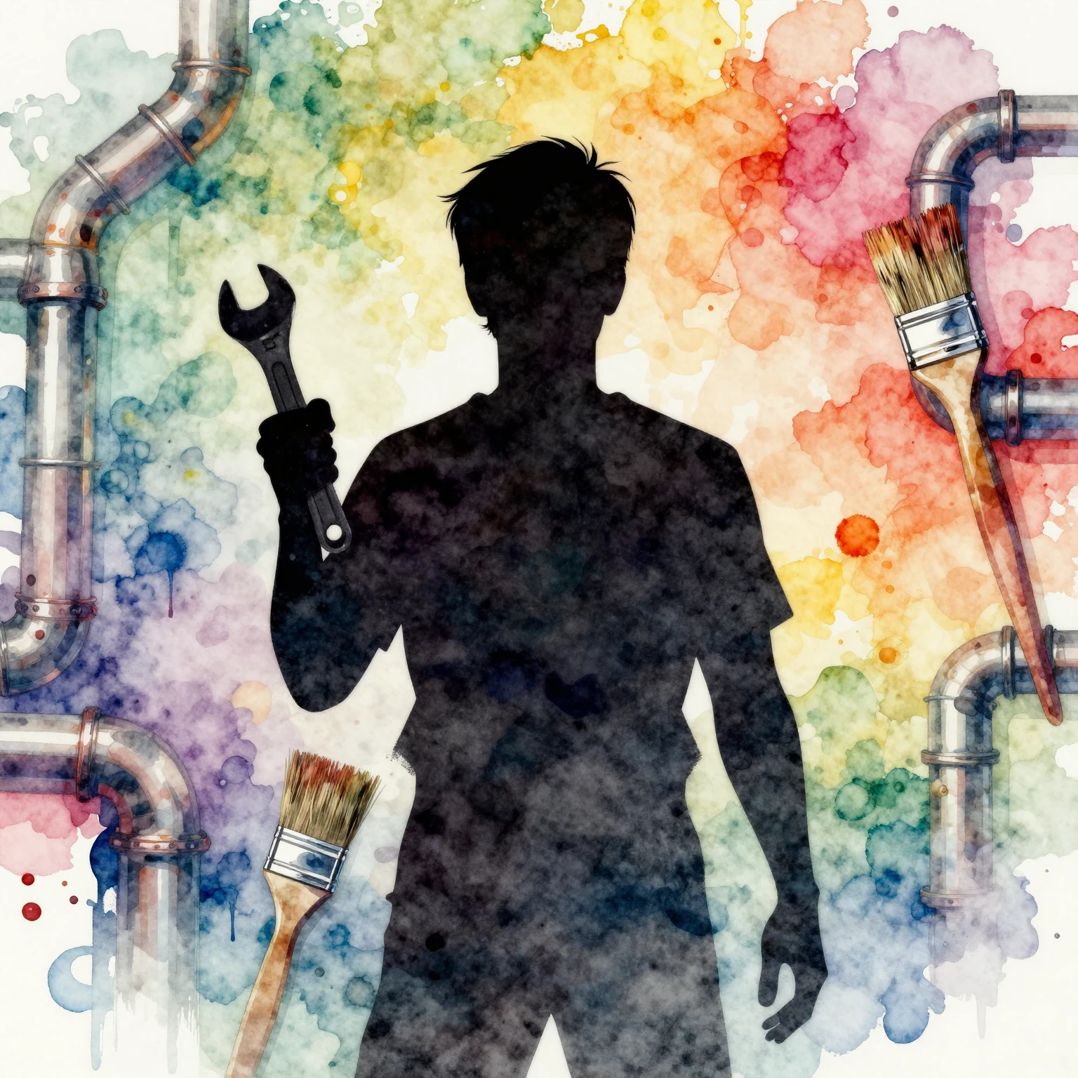 Watercolor style silhouette of a person holding a wrench and...