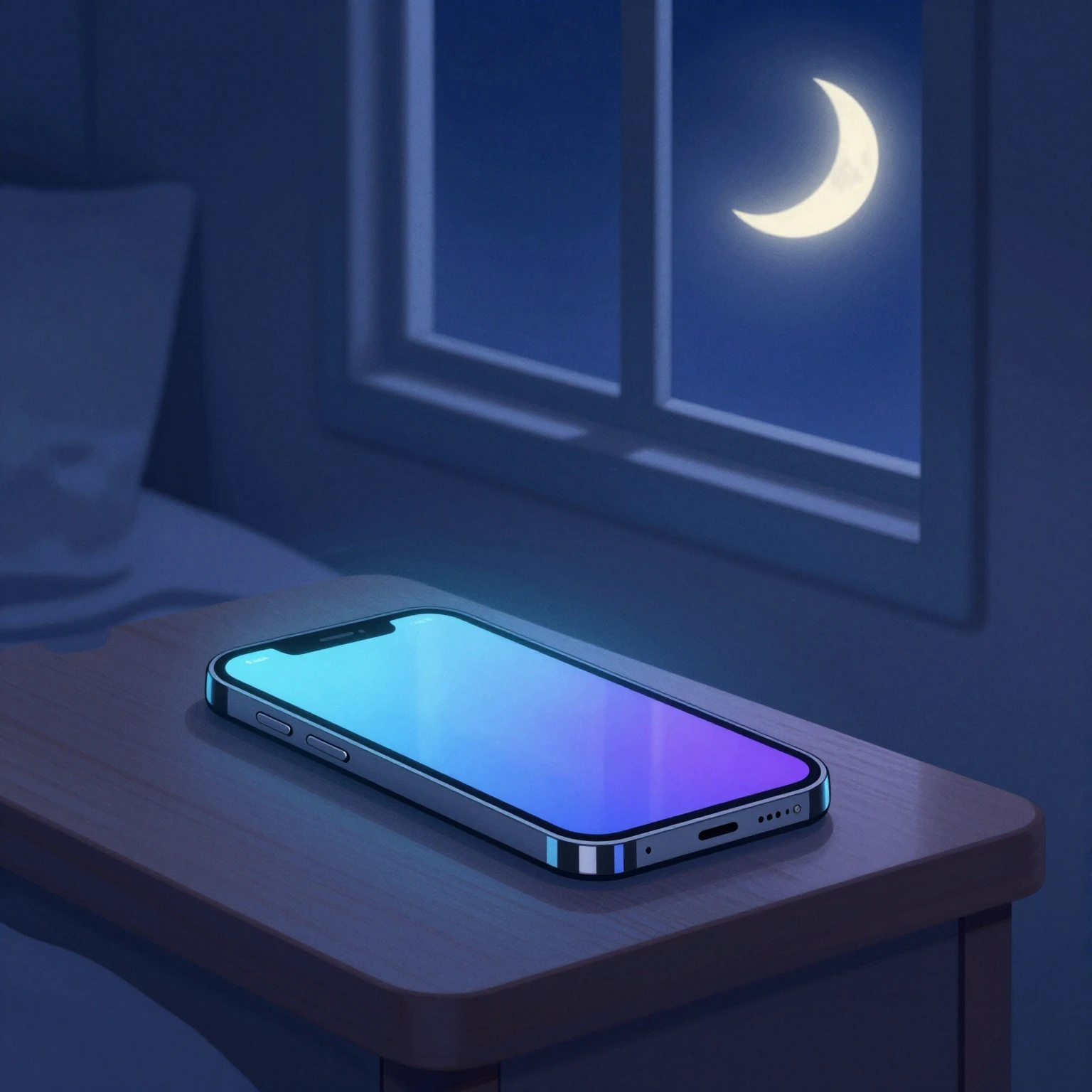 A glowing smartphone on a bedside table in a dark room, soft...