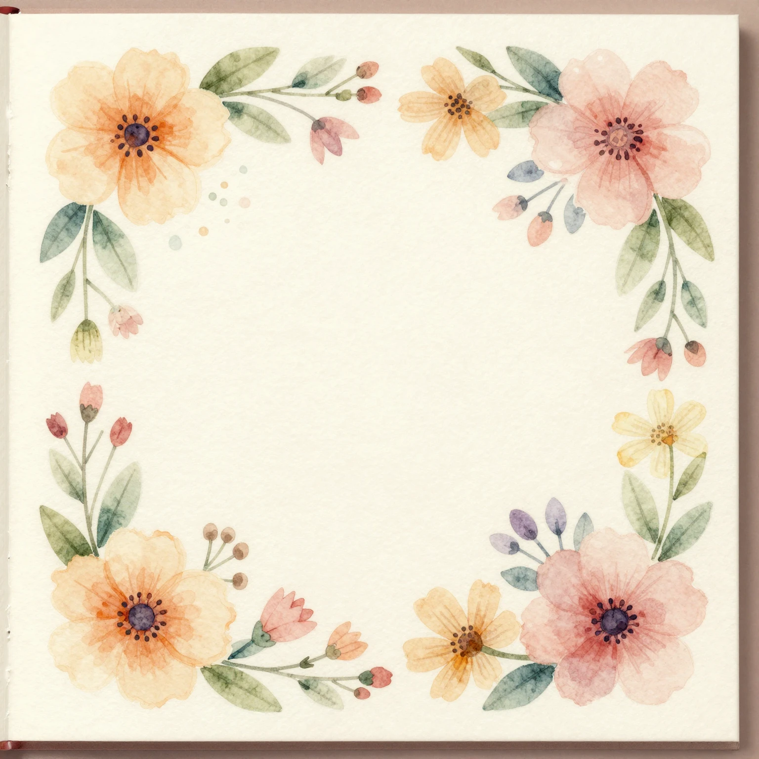 A watercolor greeting card with a floral border, soft pastel...